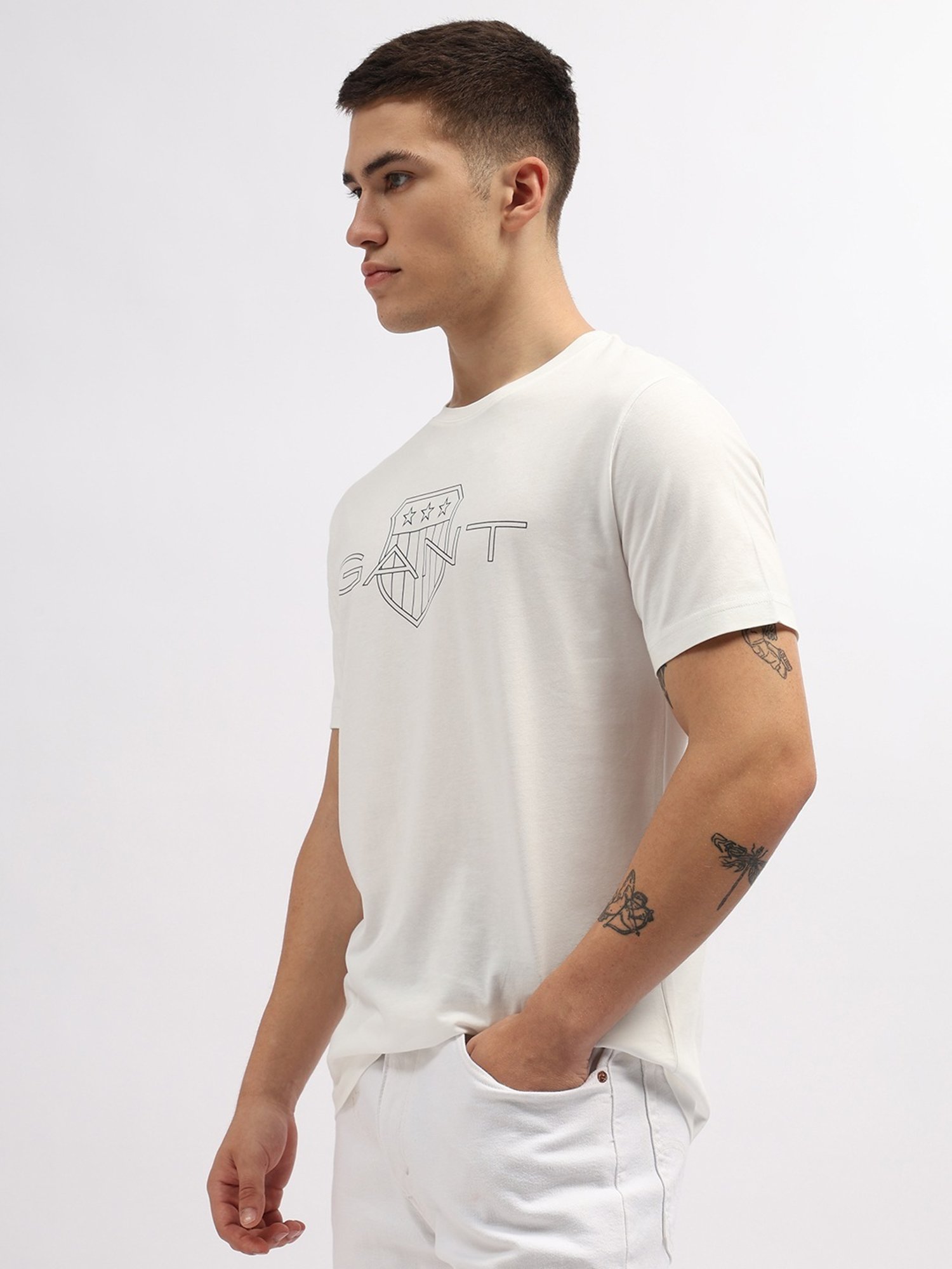 Gant Off White Cotton Regular Fit Logo Printed T-Shirt