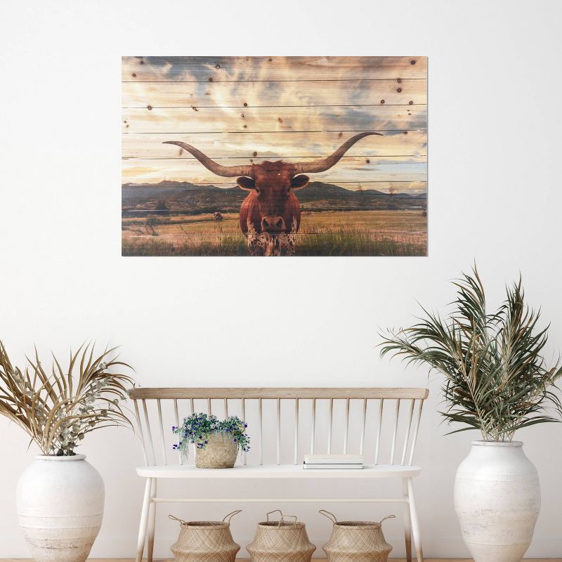 24" x 36" Longhorn Print on Planked Wood Wall Sign Panel - Gallery 57