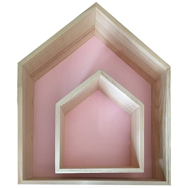 2PCS Wooden HouseShaped Wall Storage Shelf Kids Room DecorationPink