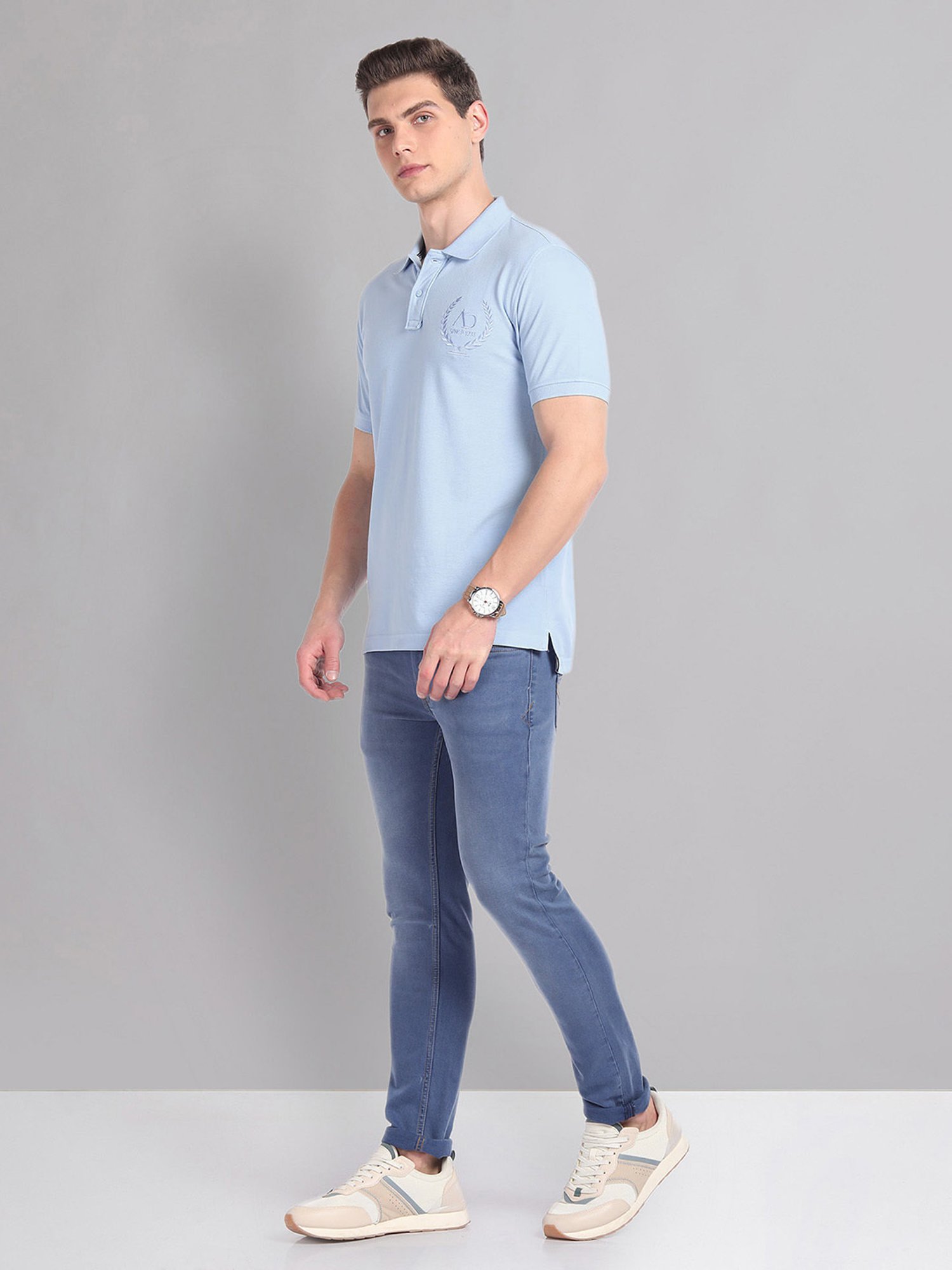 AD by Arvind Light Blue Slim Fit Embroidered  Logo Polo T-Shirt