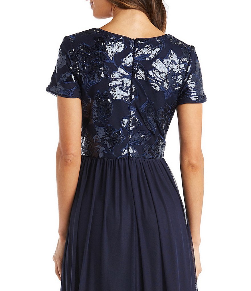 R & M Richards Petite Size Floral Sequin Embroidered Bodice Short Sleeve A-Line Gown