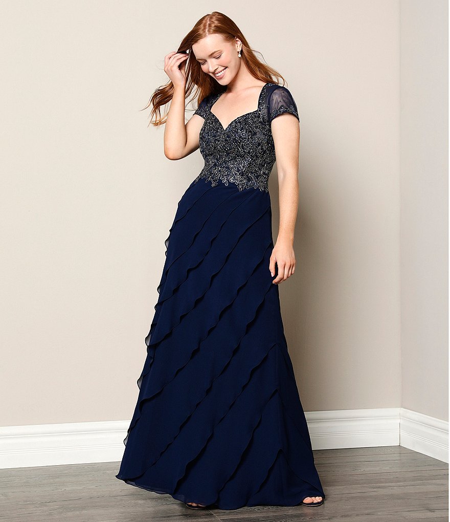 Xscape Embroidered Bodice Cap Sleeve Sweetheart Neck Tiered Gown
