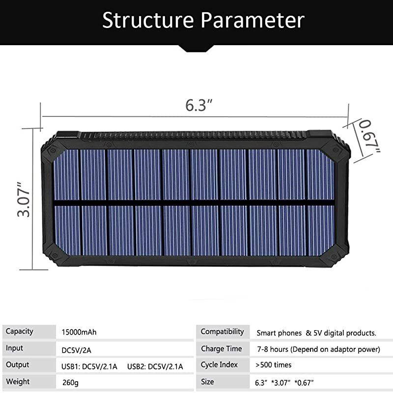 Solar Charger,  15000mAh Portable Solar Power Bank with Dual USB Output Ports, Solar Phone Charger External Battery Pack with 6 LED Flashlight Light for iPhone, iPad, Android and More (Black)