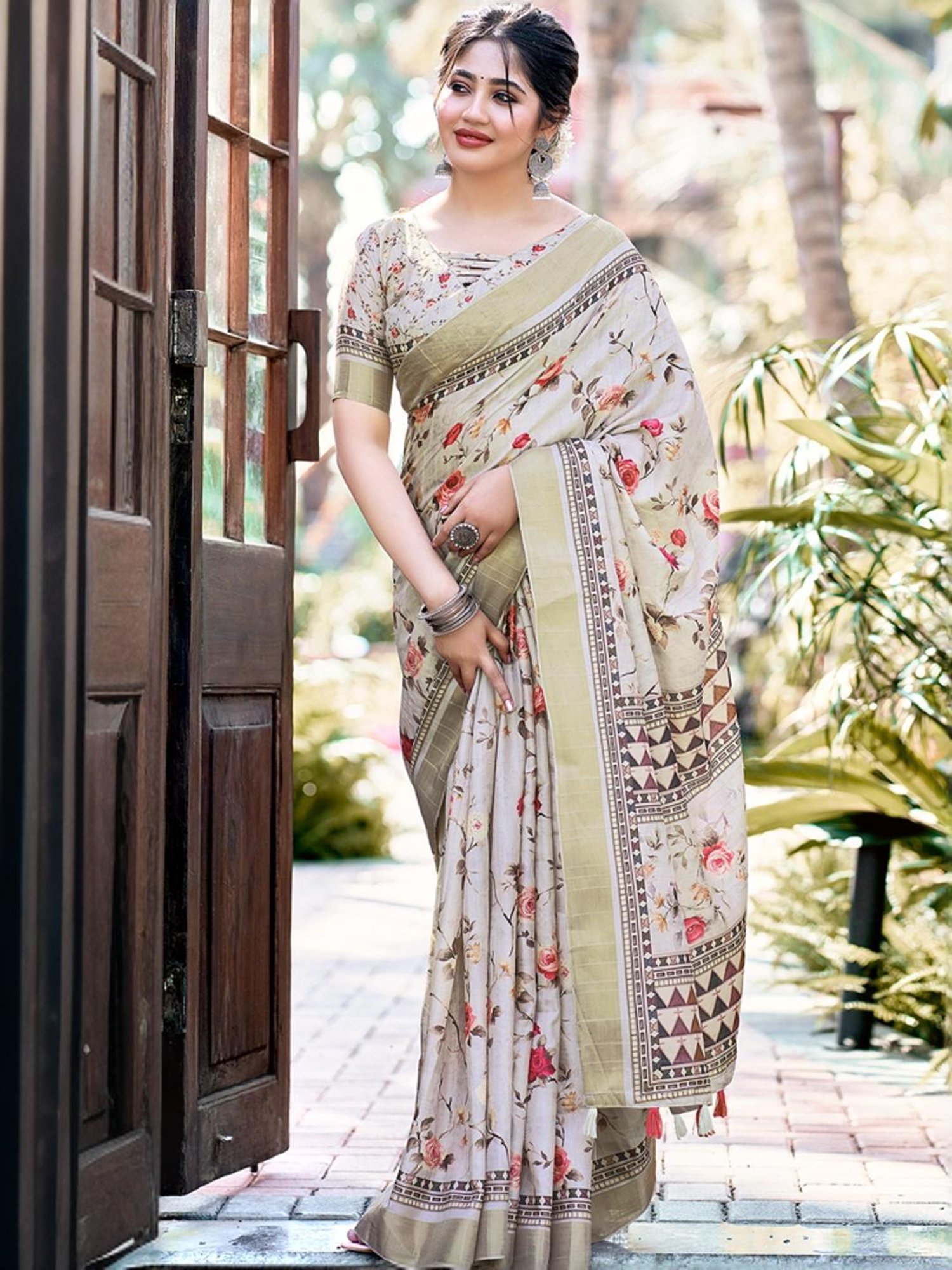 Satrani Beige Silk Floral Print Saree With Unstitched Blouse