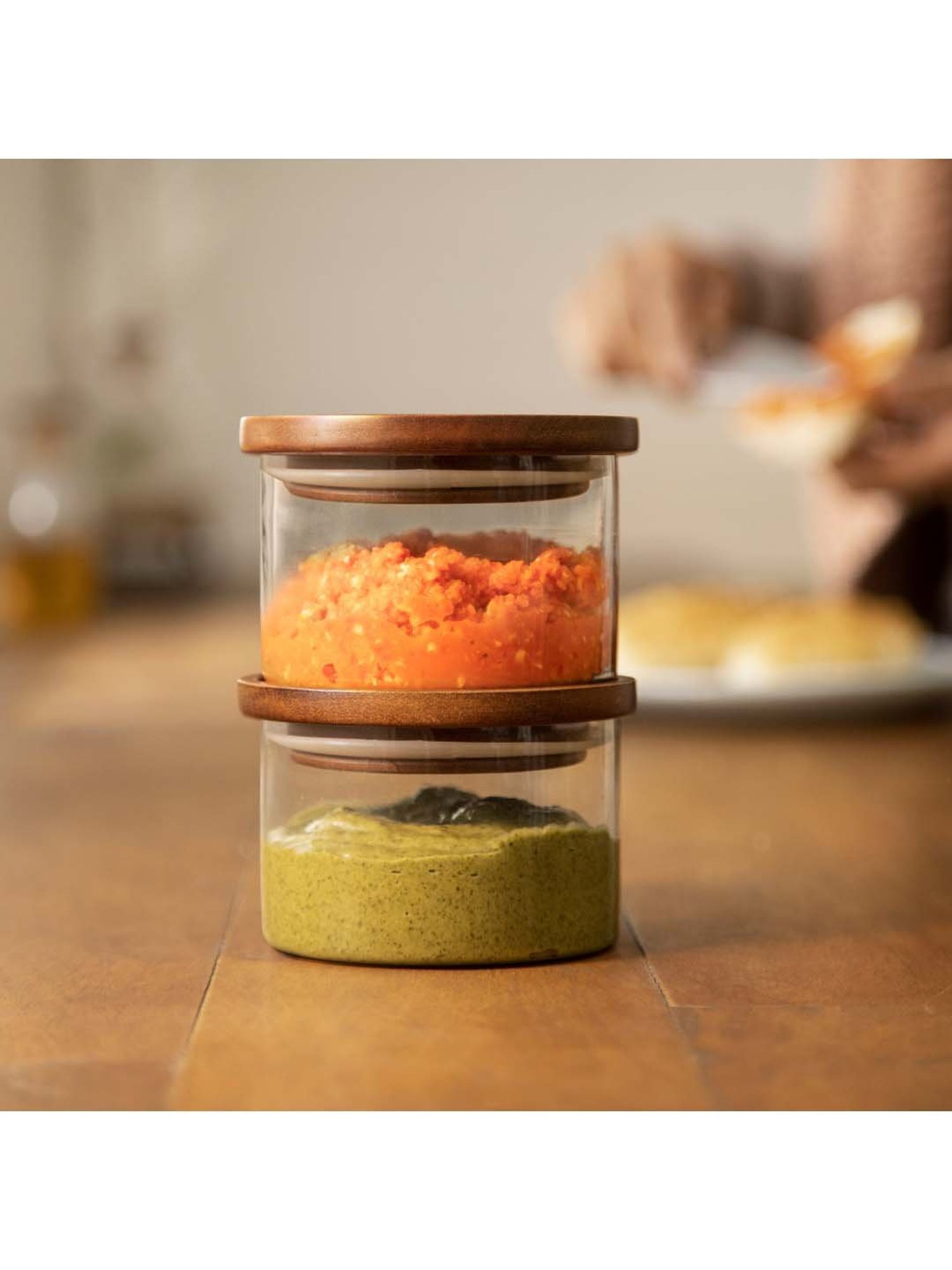 Ellementry 'Stackable' Transparent & Brown Glass 10 cm Masala Container (0.15 L) - Set of 2