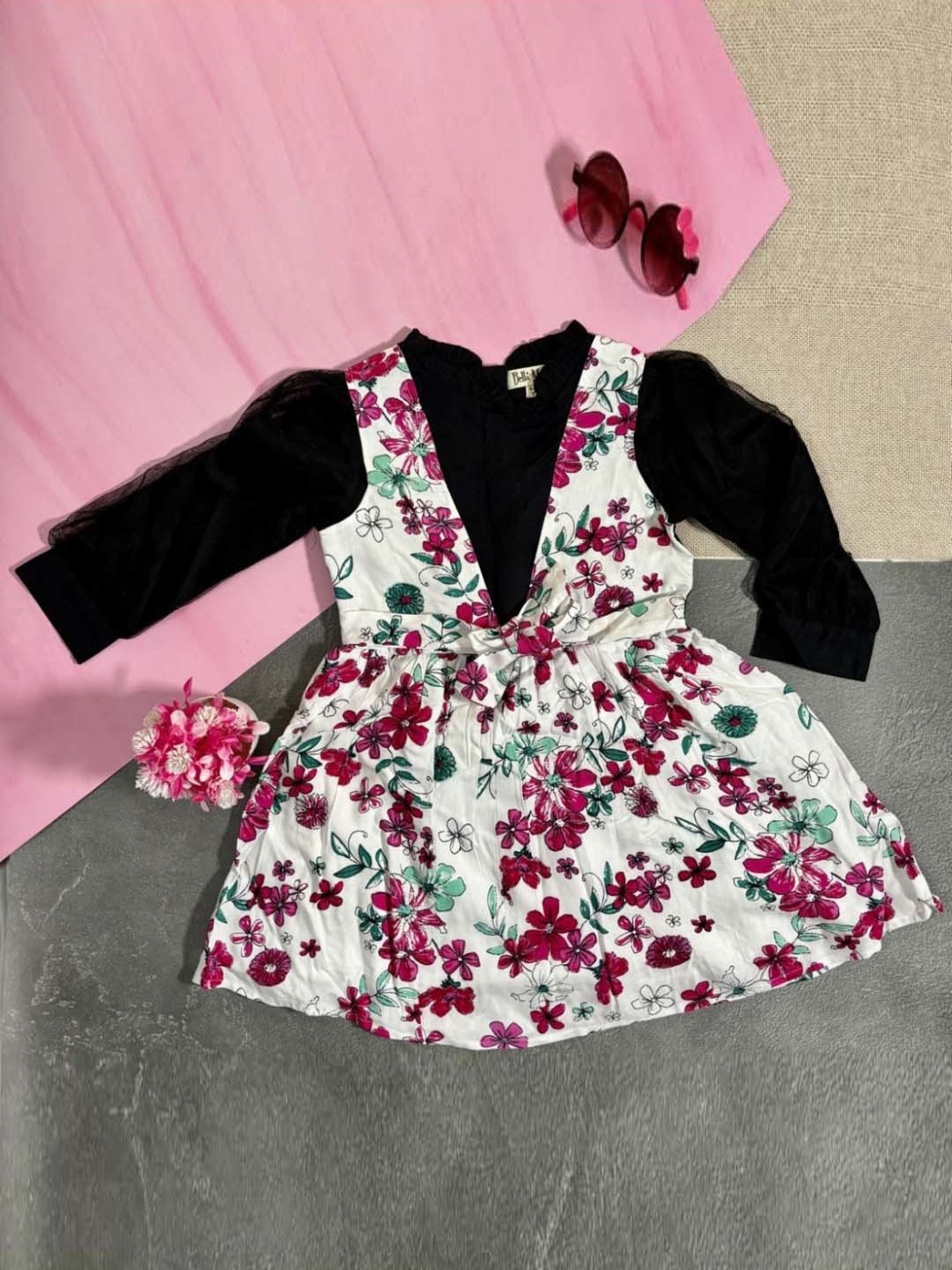 Bella Moda Kids White & Black Cotton Floral Print Full Sleeves Dress