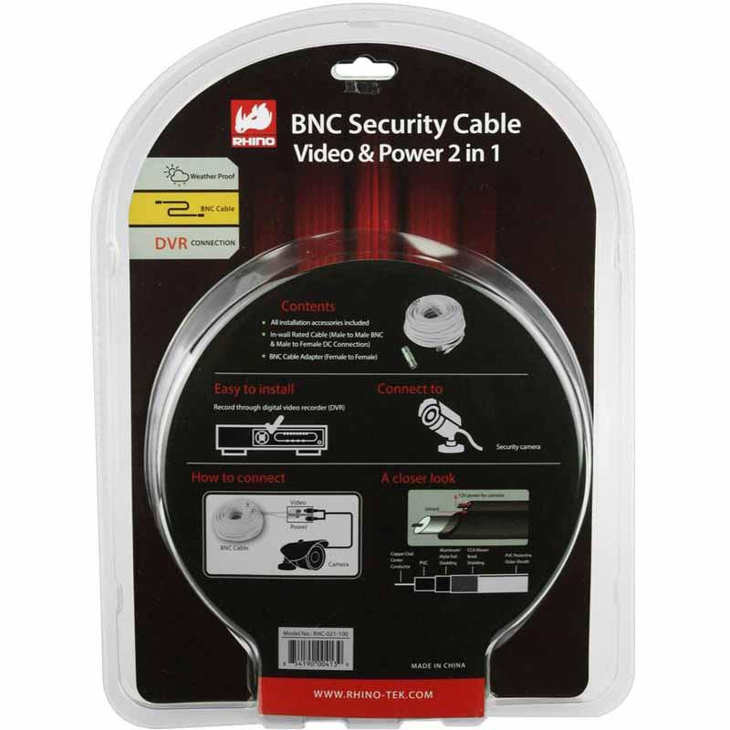 RHINO 100FT BNC 2in1 Cable Video/Power CCTV DVR Security Camera Device White