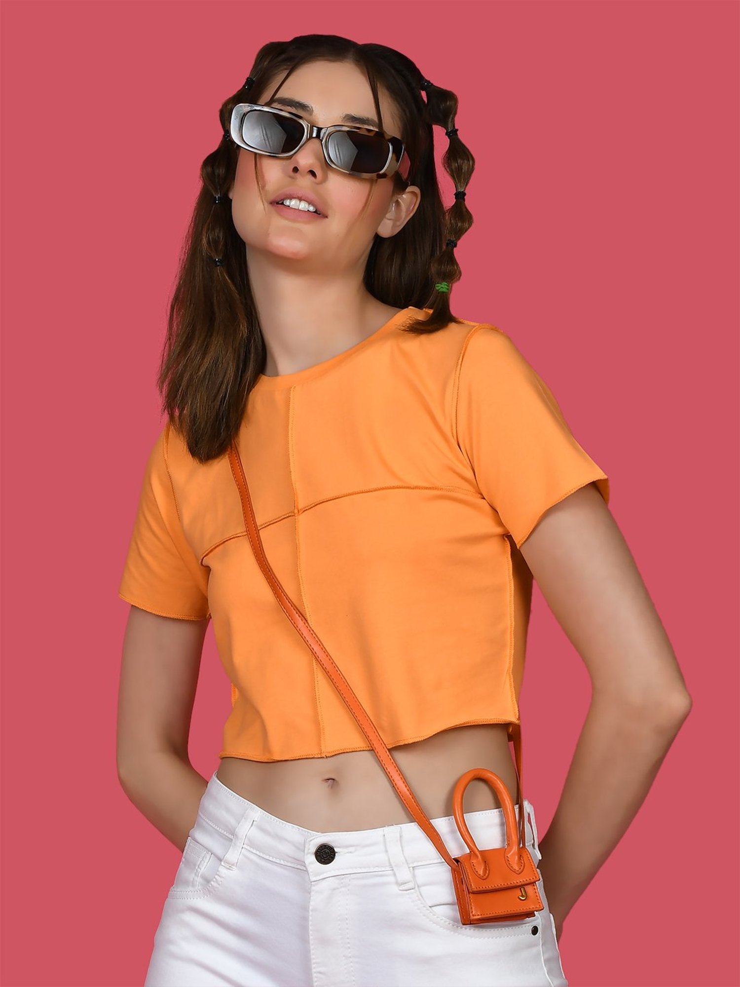 Zink London Orange Cotton Regular Fit Crop Top