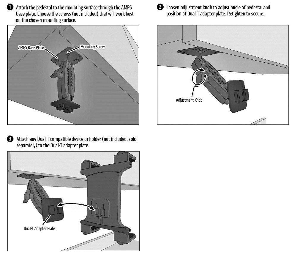ARKON Heavy Duty 4 Hole AMPS Car or Wall Mounting Pedestal for Dual T Pattern Smartphone and Tablet Holders