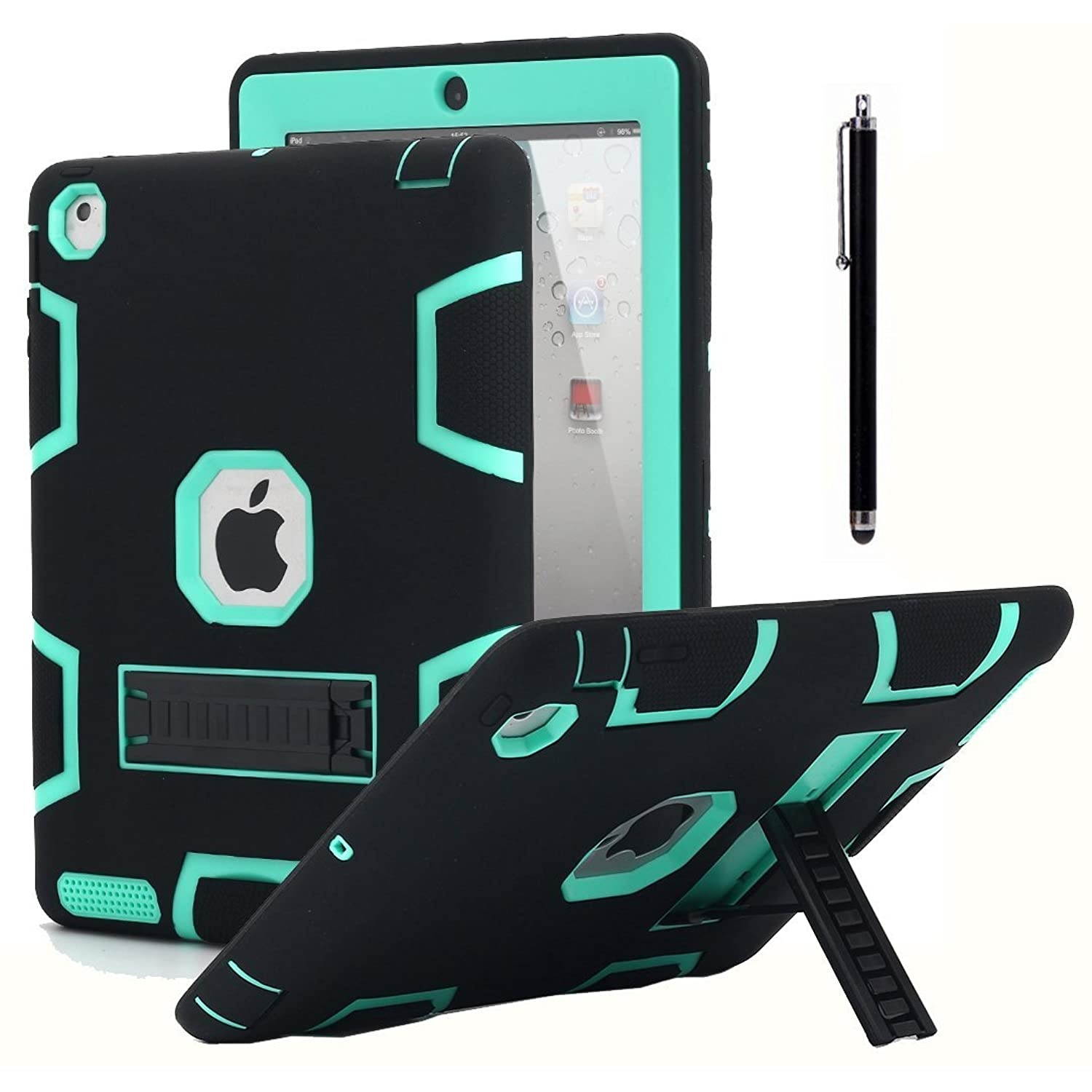 iPad 2 Case,iPad 3 Case,iPad 4 Case, AICase Kickstand Shockproof Heavy Duty Rubber High Impact Resistant Rugged Hybrid Three Layer Armor Protective Case with Stylus for iPad 2/3/4 (Black+Mint Blue)