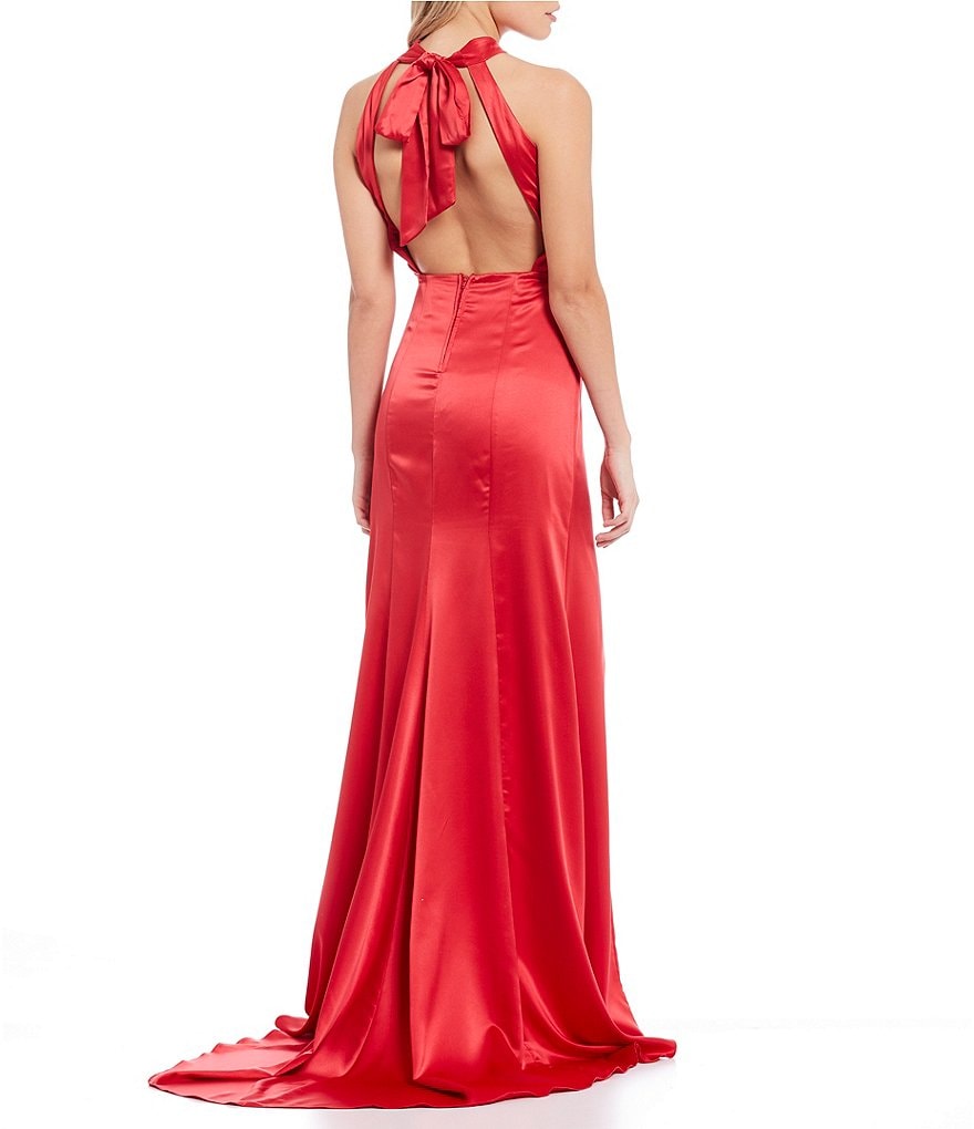 B. Darlin Sleeveless Mock-Neck Bow-Back High Side Slit Satin Long Dress