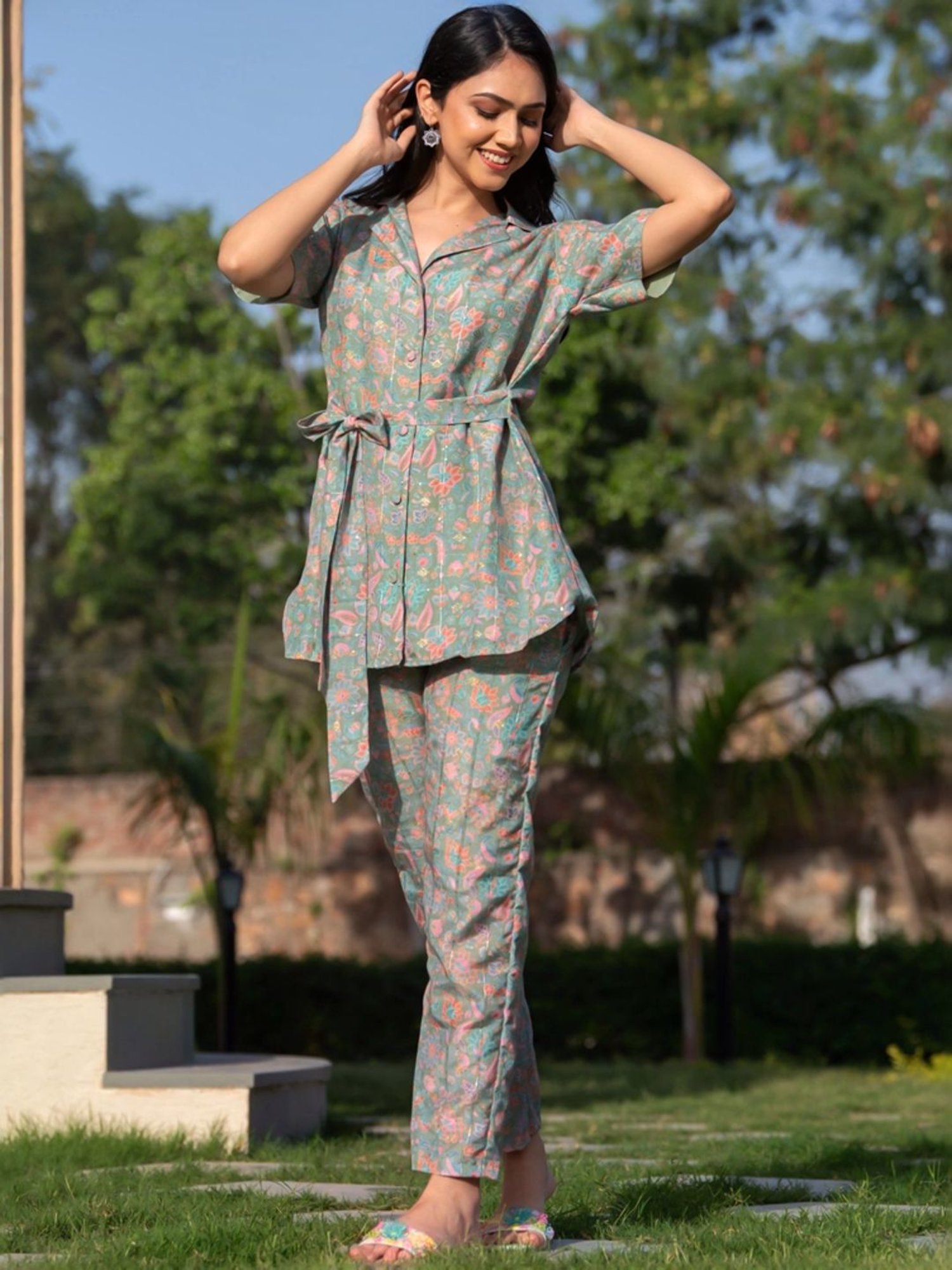 HOUSE OF JAMOTI Green Printed Tunic Pant Set