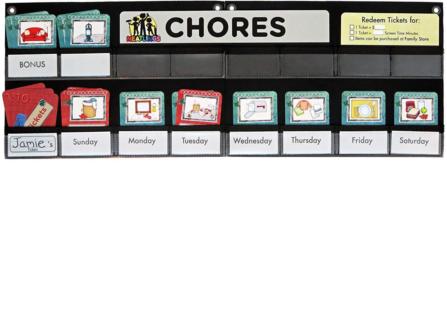 NEATLINGS Chore System - Chore Chart for Kids | 80+ Chores for Toddlers to Teens | Customize for 1 Child | Size 18&rdquo;x12.5&rdquo; | Teal Household Chore Cards/Red Self-Care Chore Cards
