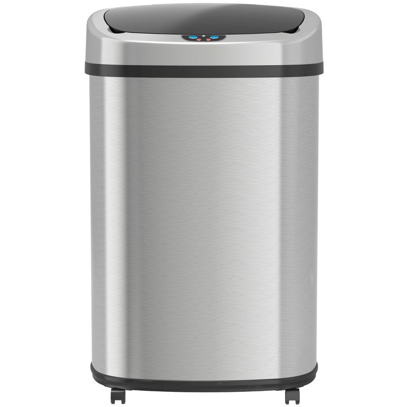 iTouchless Rolling Sensor Kitchen Trash Can with Wheels and AbsorbX Odor Filter Oval 13 Gallon Silver Stainless Steel