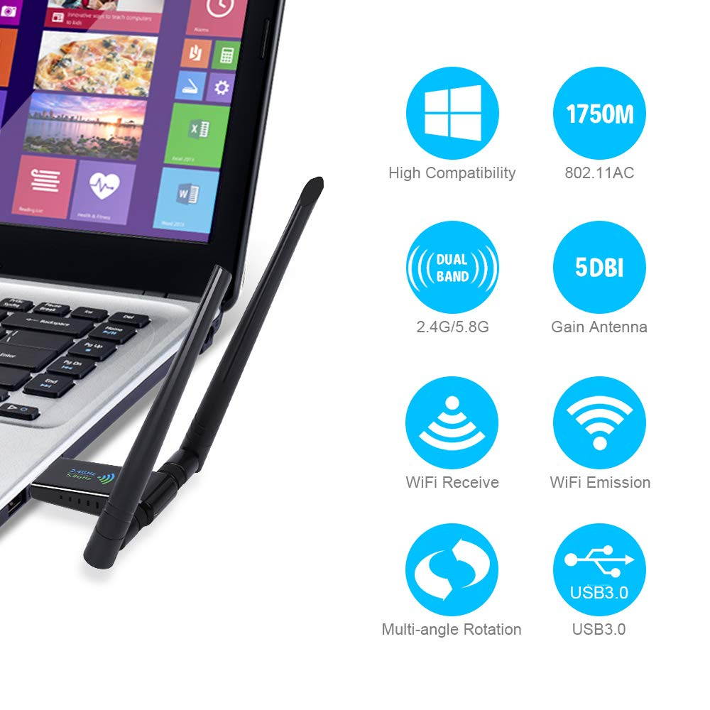 USB WiFi Adapter 1750Mbps,USB 3.0 Wireless Network WiFi Dongle with Dual 5dBi Antenna, 802.11ac Dual Band 2.4GHz/5.8GHz for Desktop Laptop PC, Supports Windows XP/Vista/7/8/10 Linux Mac