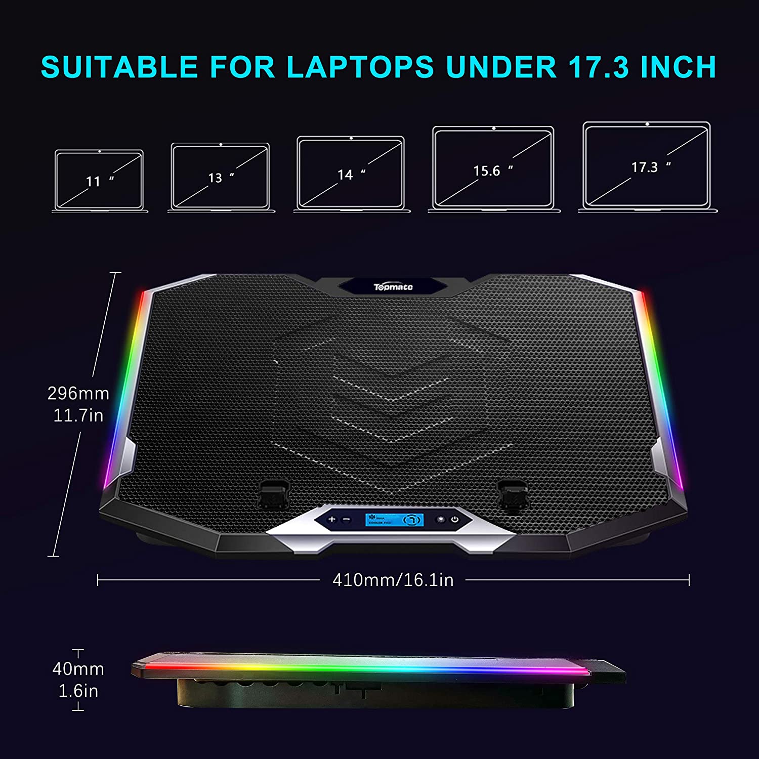 Laptop Cooling Pad Silver Wing Cooler, RGB Lighting Laptop Cooler Fan Compatible 11-17.3" Laptop, 6 Fans Strong Wind and 7 Lighting Mode Adjustable Angle