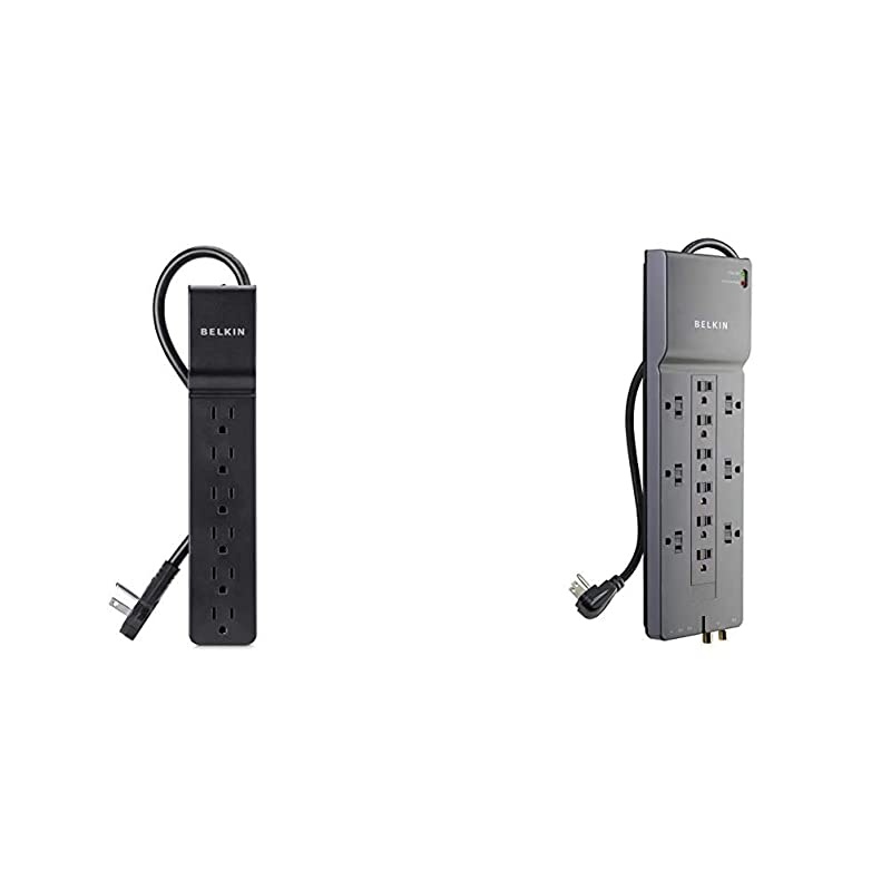 6Outlet Power Strip Surge Protector wFlat Rotating Plug 6ft Cord 600 Joules amp 12Outlet Power Strip Surge Protector w 8ft Cord 3940 Joules Gray