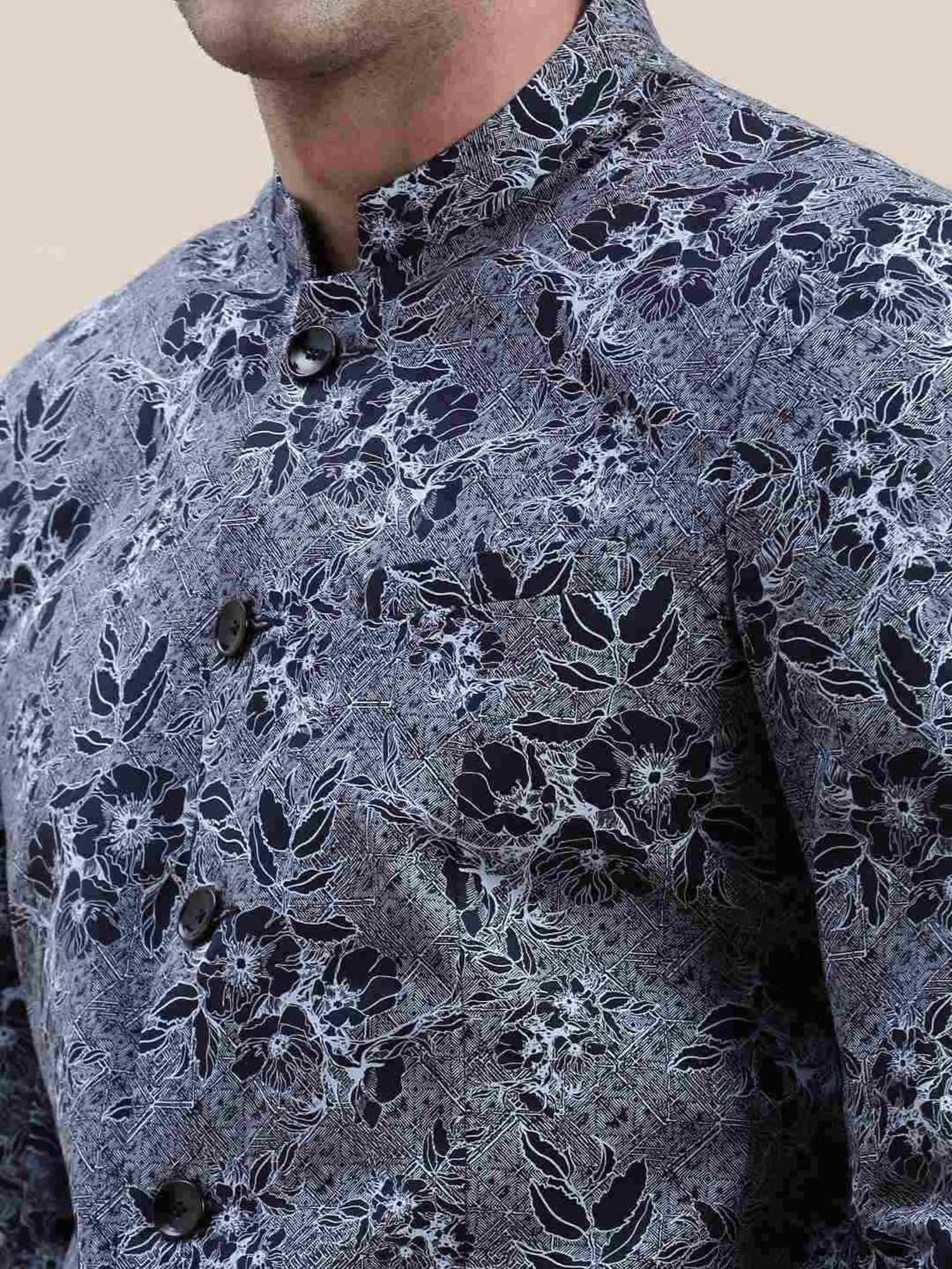 SHOWOFF Grey Cotton Slim Fit Printed Blazer