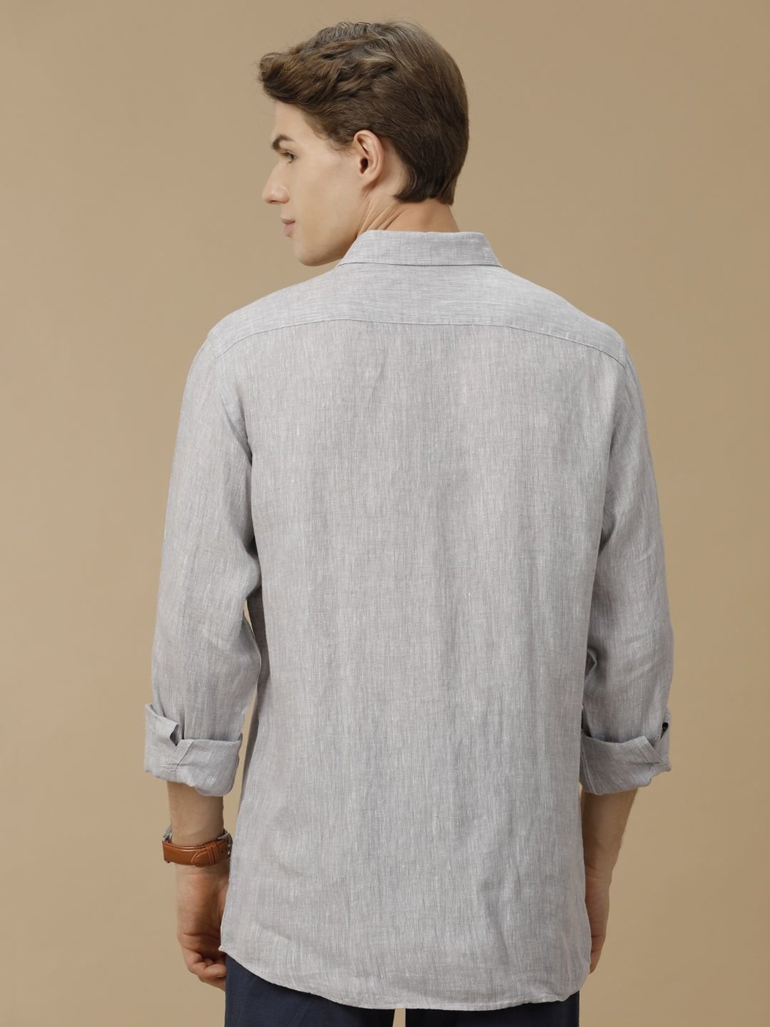Linen Club Grey Linen Contemporary Fit Texture Shirt