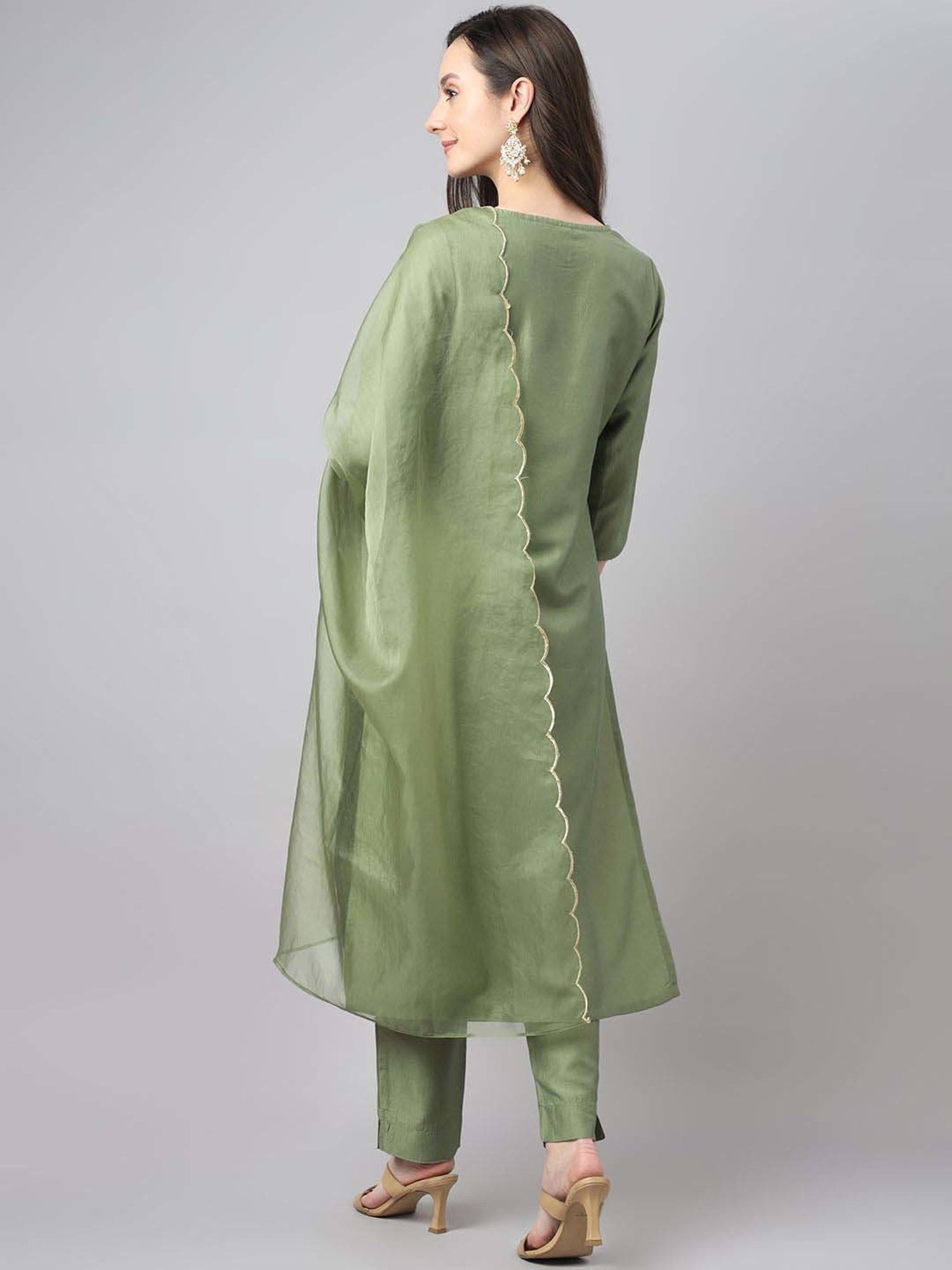 Janasya Green Embroidered Kurta & Pant Set With Dupatta