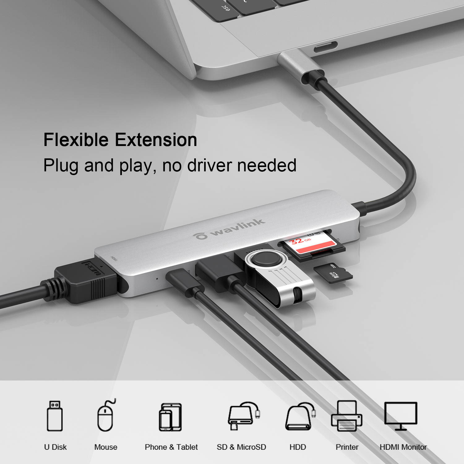 Wavlink USB C Hub, PD 7-in-1 Type C Adapter Mini Docking Station Aluminum with 4K 30Hz HDMI, 2K 60Hz VGA, 2 USB 3.0, SD/TF Card Reader, 87W Laptop Power Delivery for Windows Mac and More, Plug & Play