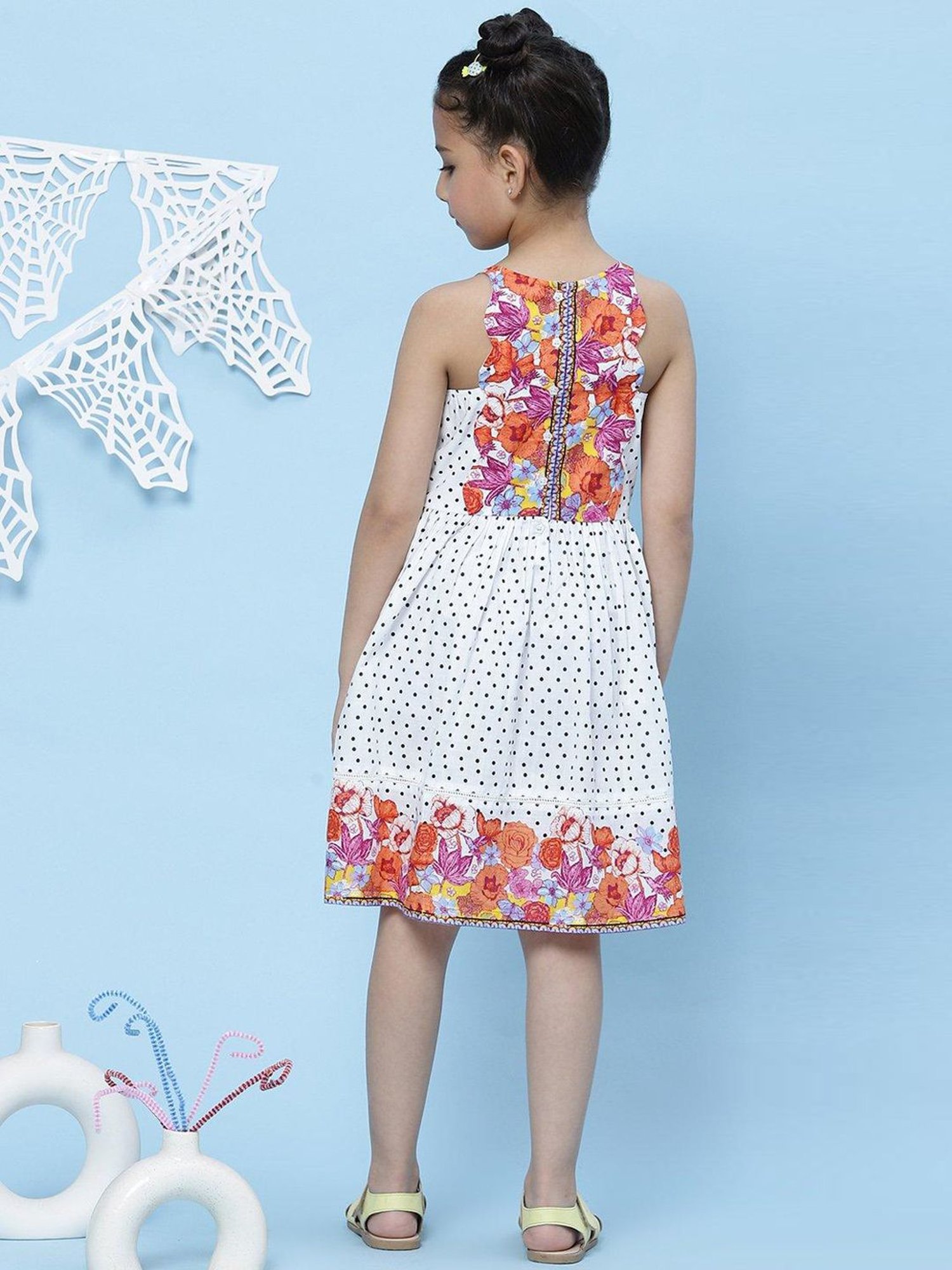 BIBA Girls White Cotton Printed Dress