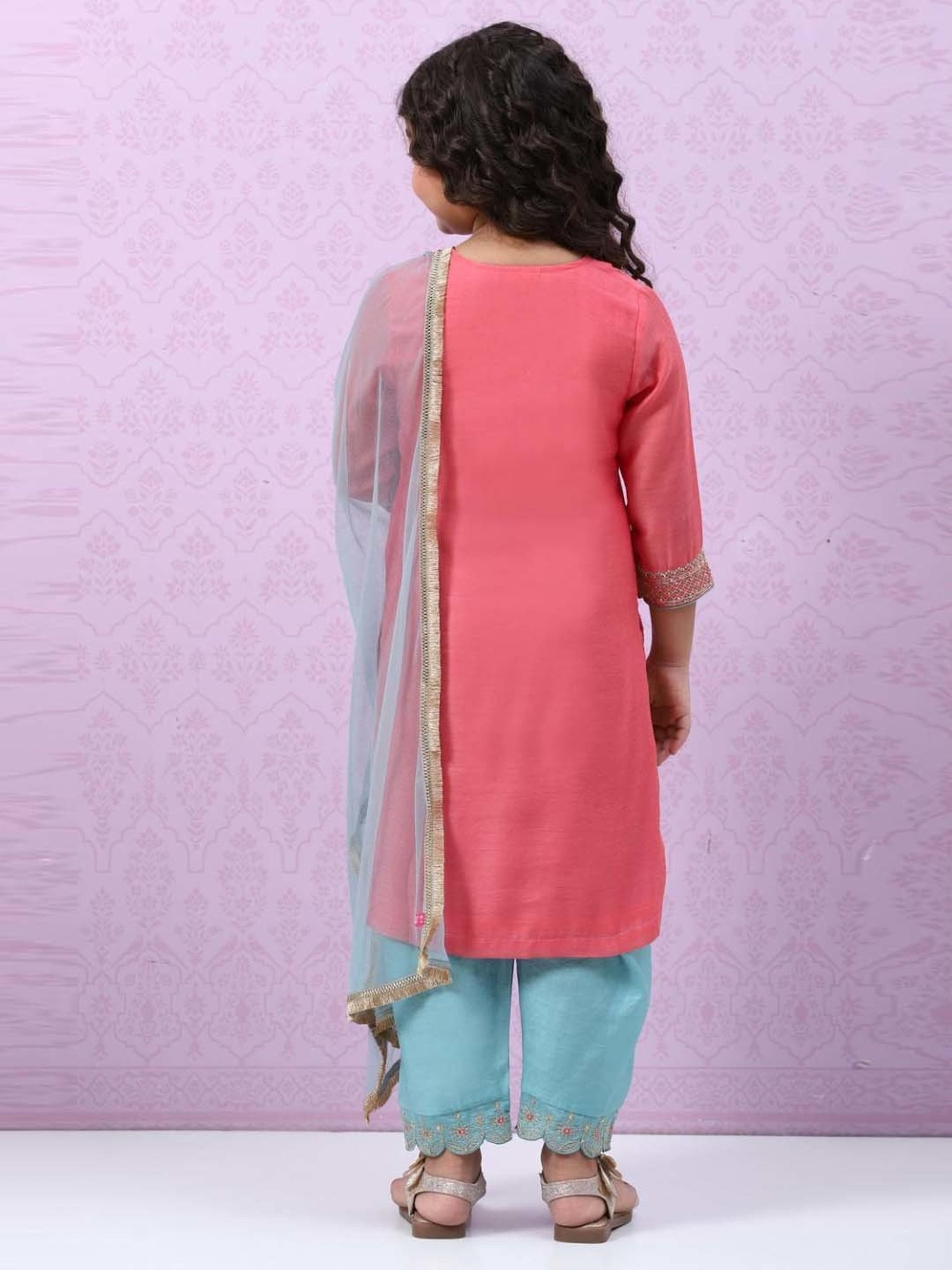 Biba Kids Peach & Blue Embroidered Kurta Set