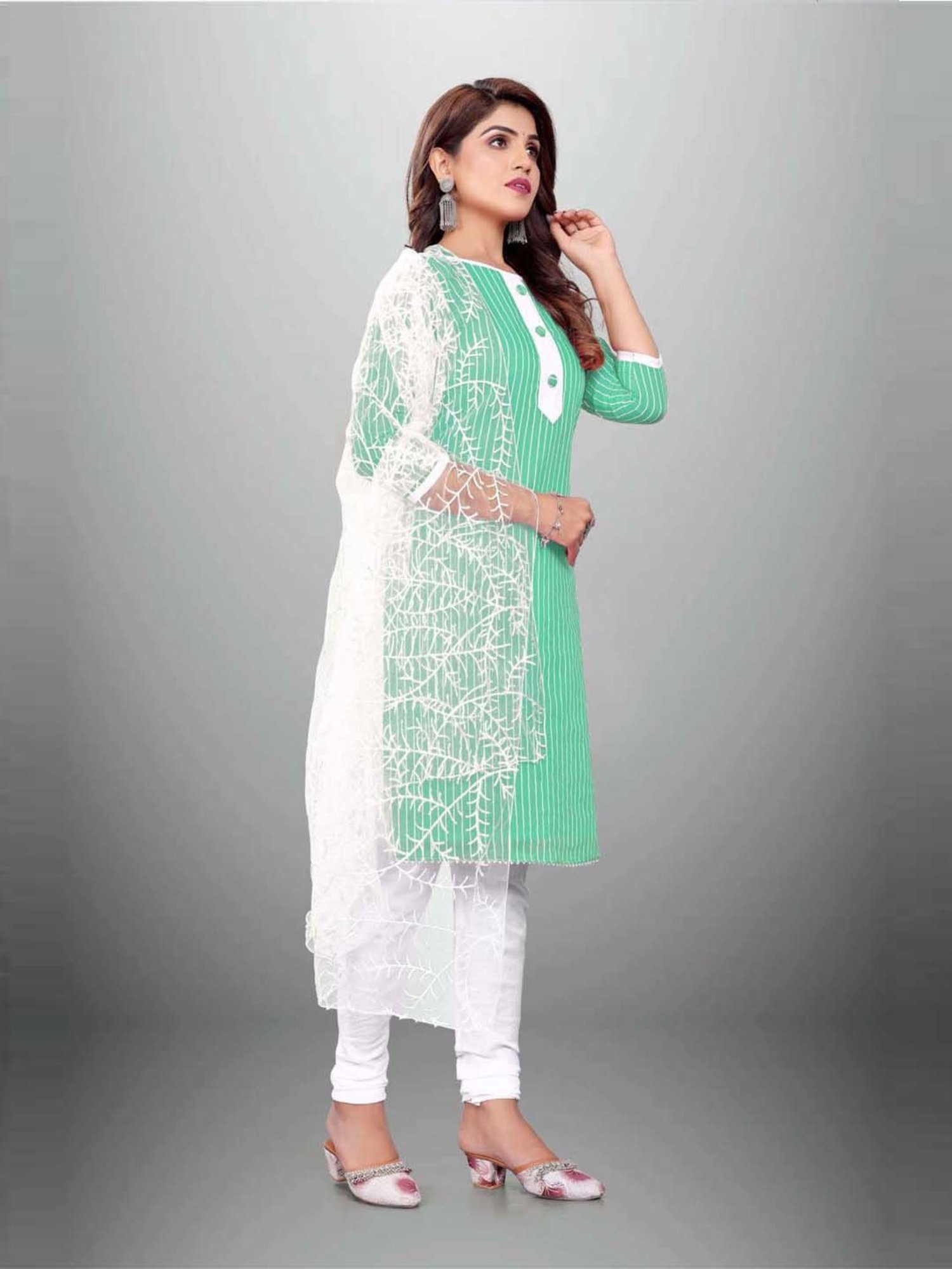 APNISHA Green & White Cotton Striped Unstitched Dress Material