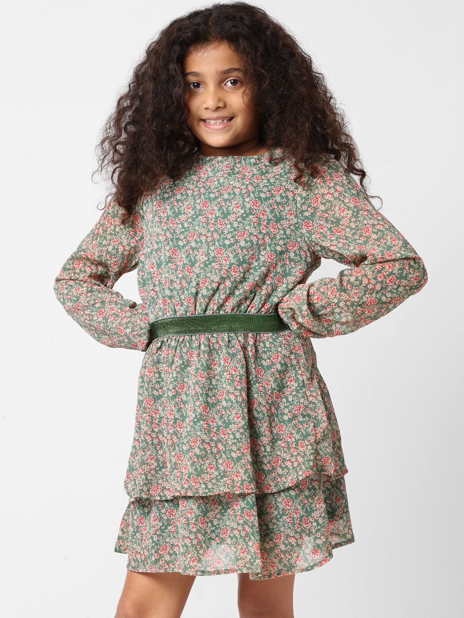 KIDS ONLY Dark Green Floral Print Full Sleeves Dress
