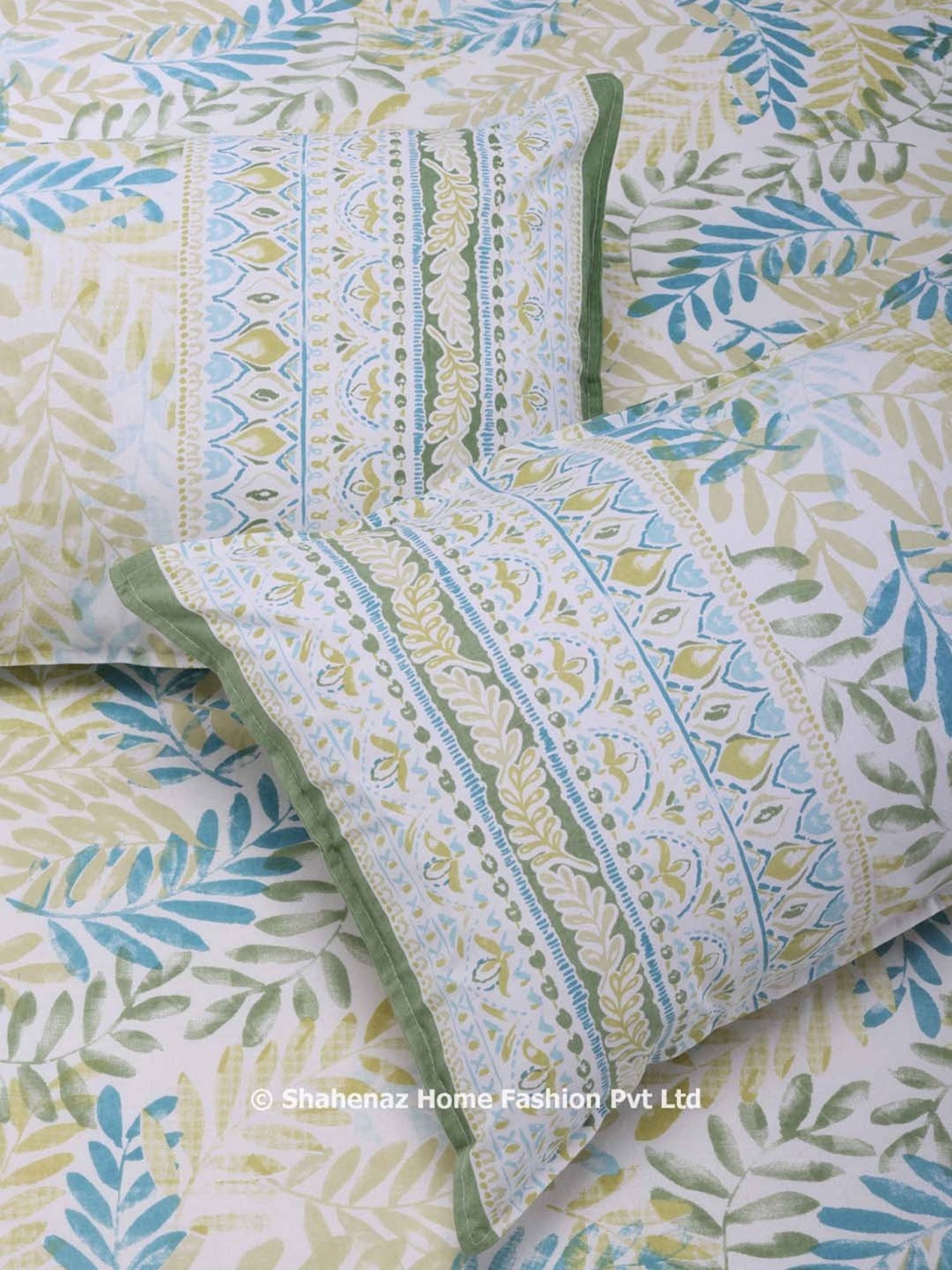 Shahenaz Olive & Blue 120 TC Cotton French Leaves Double Bedsheet with 2 Pillow Covers