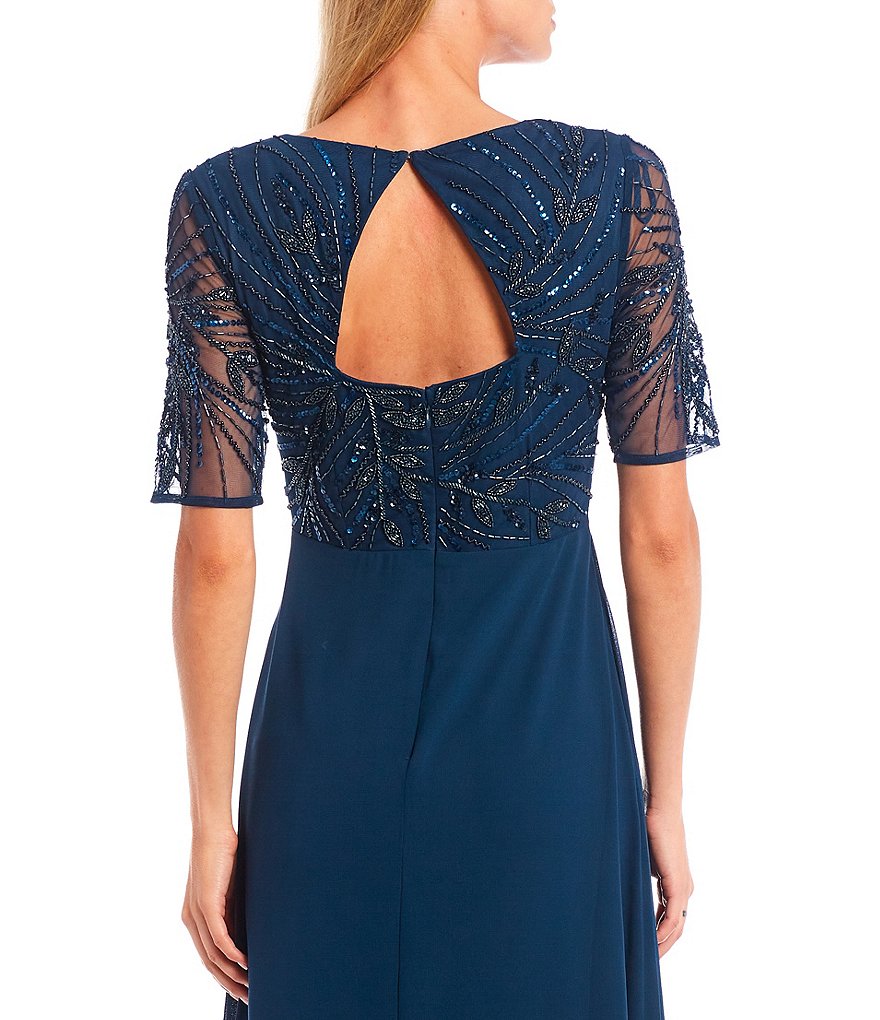 Adrianna Papell Square Neck Short Mesh Sleeve Beaded Bodice Chiffon Gown