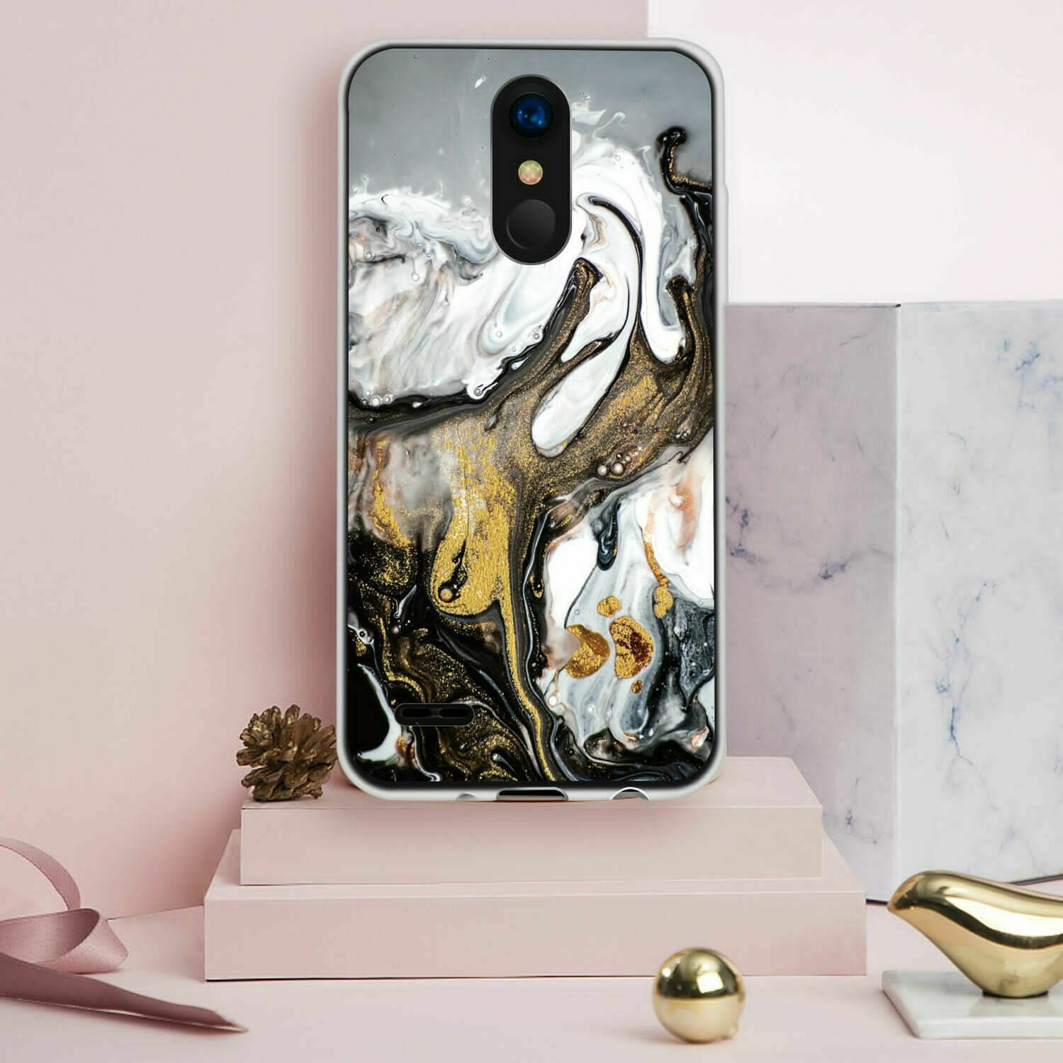 For LG Rebel Phoenix 4 Aristo 2/3 Plus Case Marble Glitter TPU +Tempered Glass