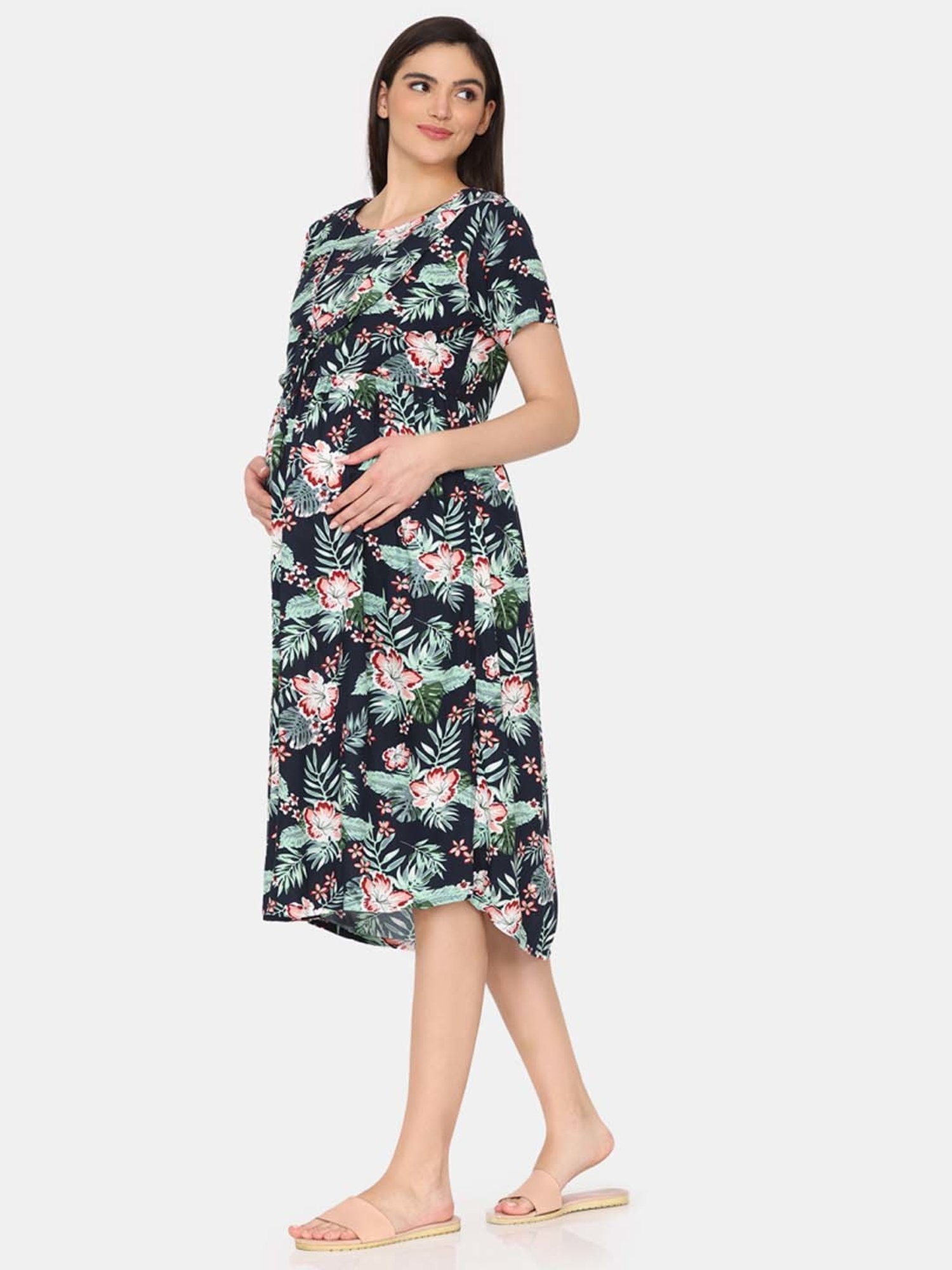 Coucou by Zivame Navy Floral Print Maternity Night Dress