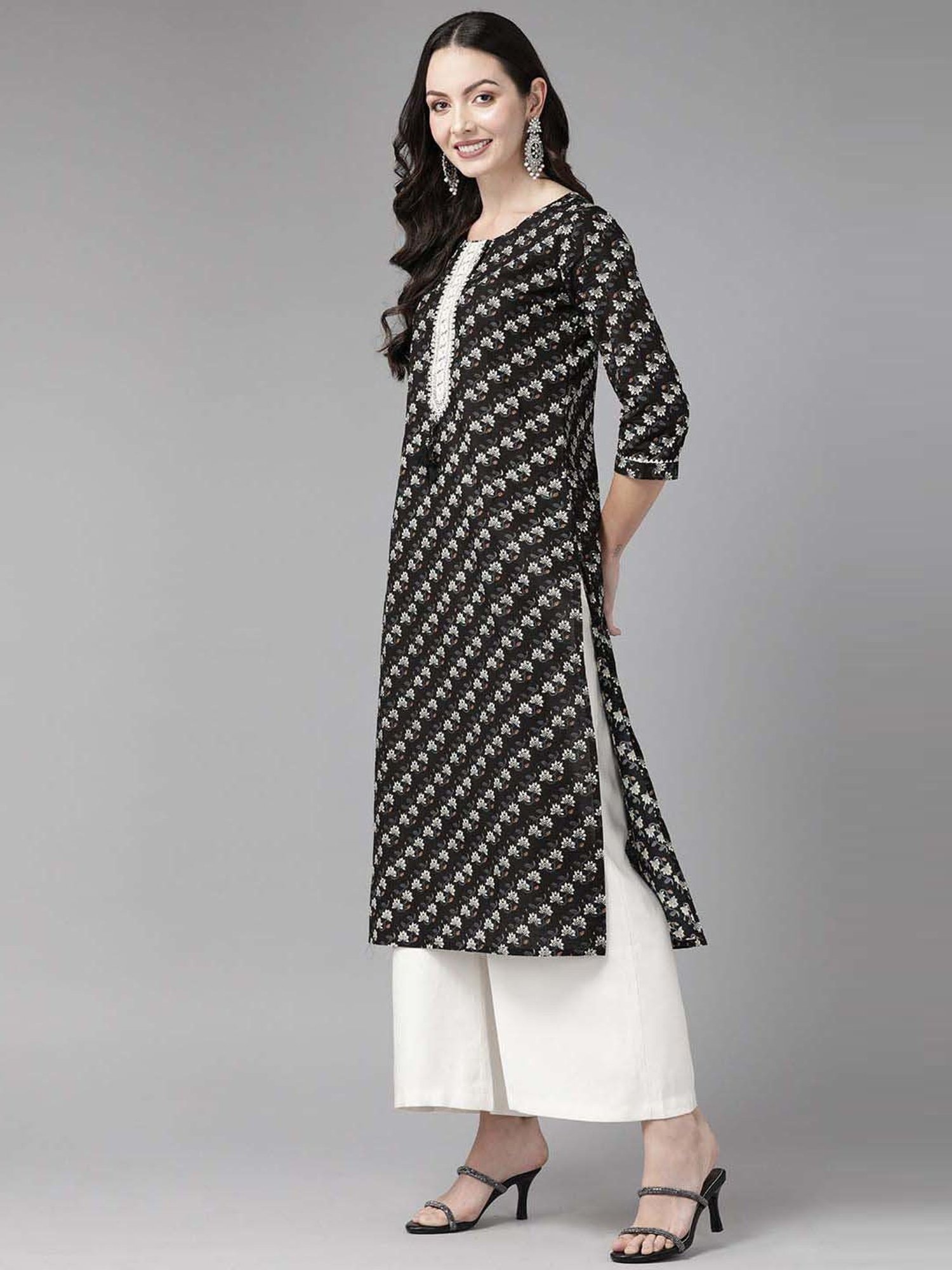 Cayman Black Cotton Floral Print Straight Kurta