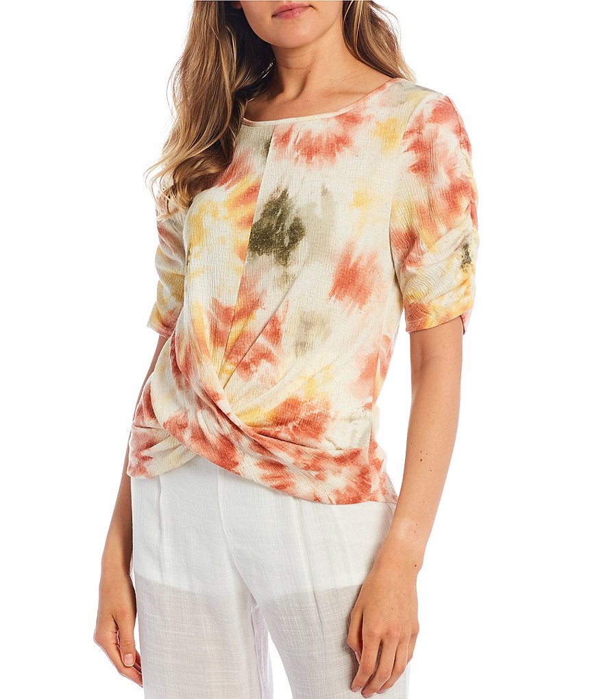 I.N. San Francisco Short-Sleeve Tie-Dyed Twist-Knot Knit Top