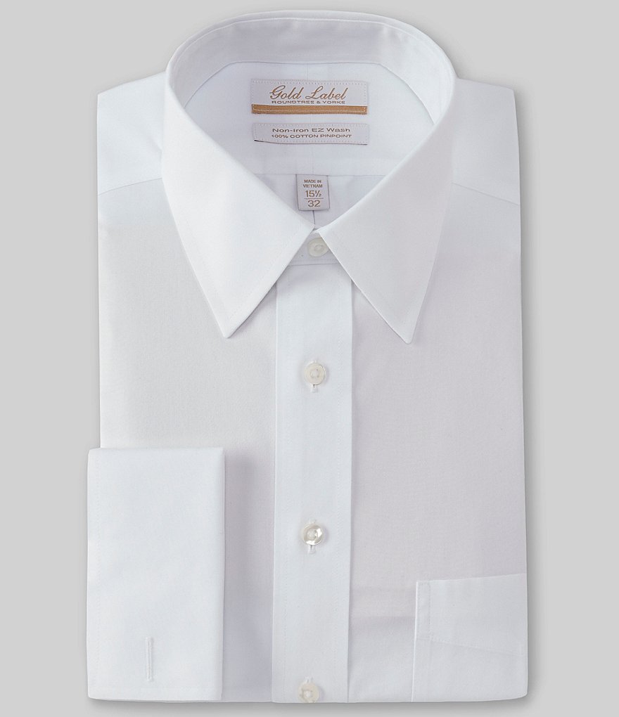 Gold Label Roundtree & Yorke Solid Non-Iron Fitted Point-Collar Dress Shirt with French Cuffs