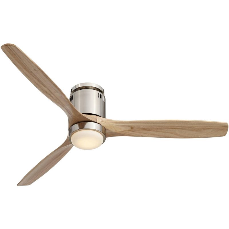 52" Casa Vieja Modern Hugger Ceiling Fan with Light LED Remote Brushed Nickel Natural Solid Wood Carved Blades for Living Room