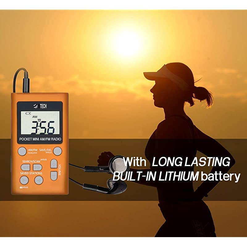 MPRAF1 AM FM Personal Radio with Two Types of Stereo Headphones Clock Great Reception and Long Battery Life Mini Pocket Walkman Radio with Headphones Orange