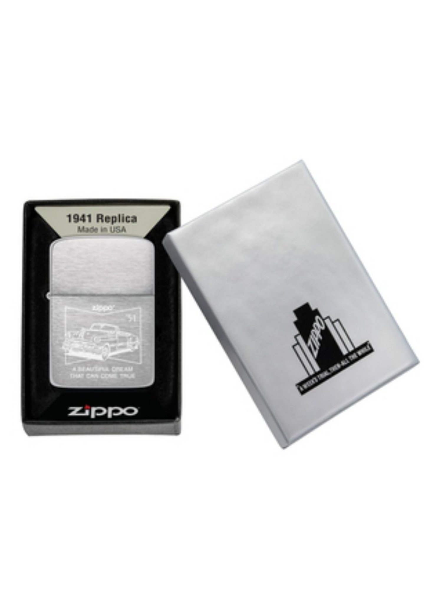 Zippo Silver 50s Car 1941 Replica Brushed Design Brass Windproof Pocket Lighter