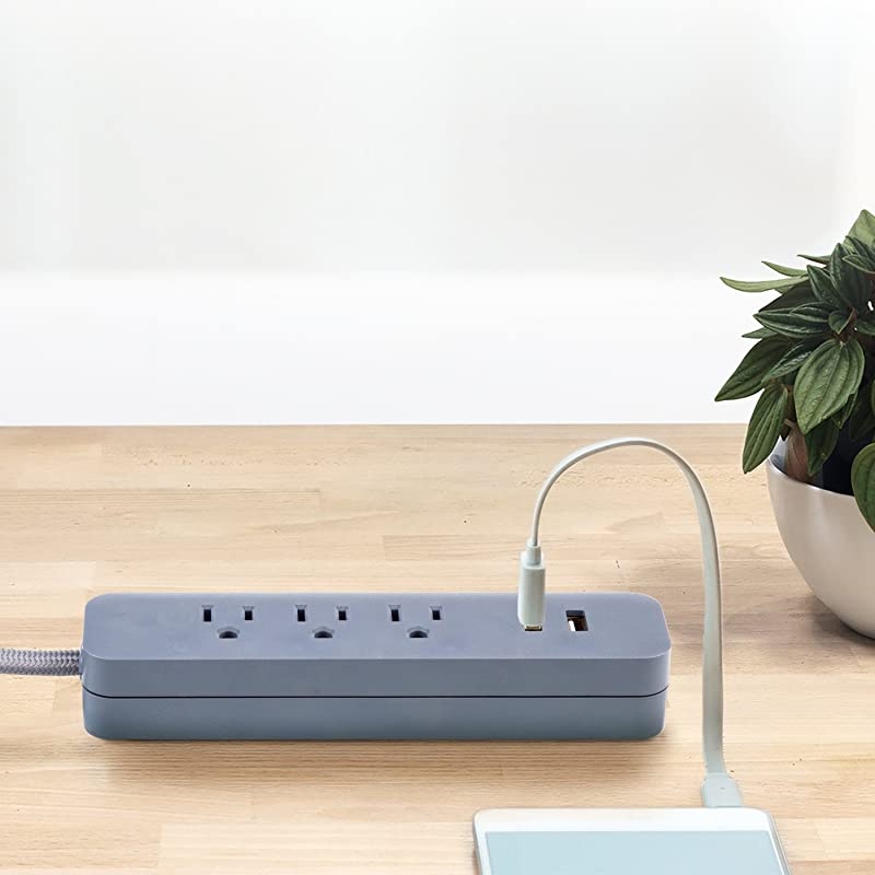 Designer Series 6ft 6Outlet USB Surge Protector Power Strip 2x USB Ports Surge Protector Right Angle Plug Circuit Breaker Switch Gray Finish 78252