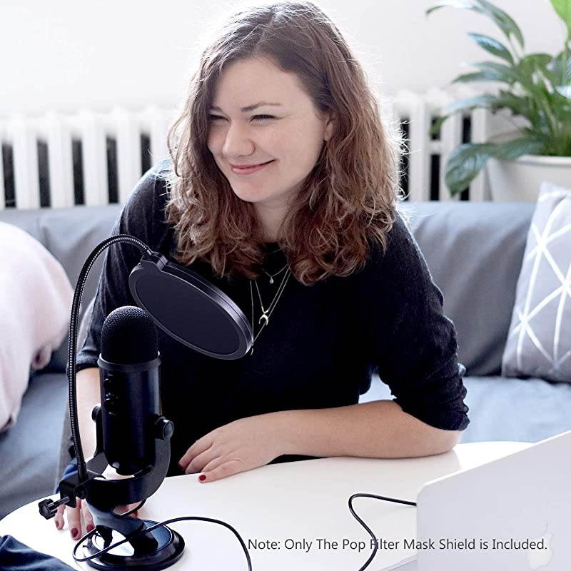 Professional Microphone Pop Filter Shield Compatible with Blue Yeti and Any Other Microphone Dual Layered Wind Pop Screen With A Flexible 360 Degree Gooseneck Clip Stabilizing Arm