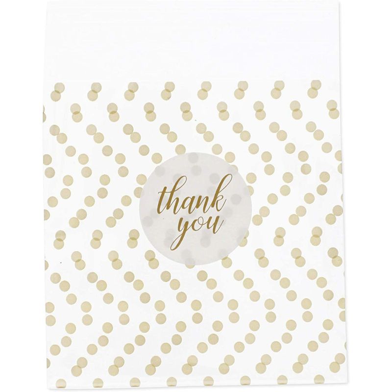 Sparkle and Bash 250 Pack Cellophane Cookie Bags with Thank You Stickers, Gold Polka Dots Treat Bags (4x4 in)