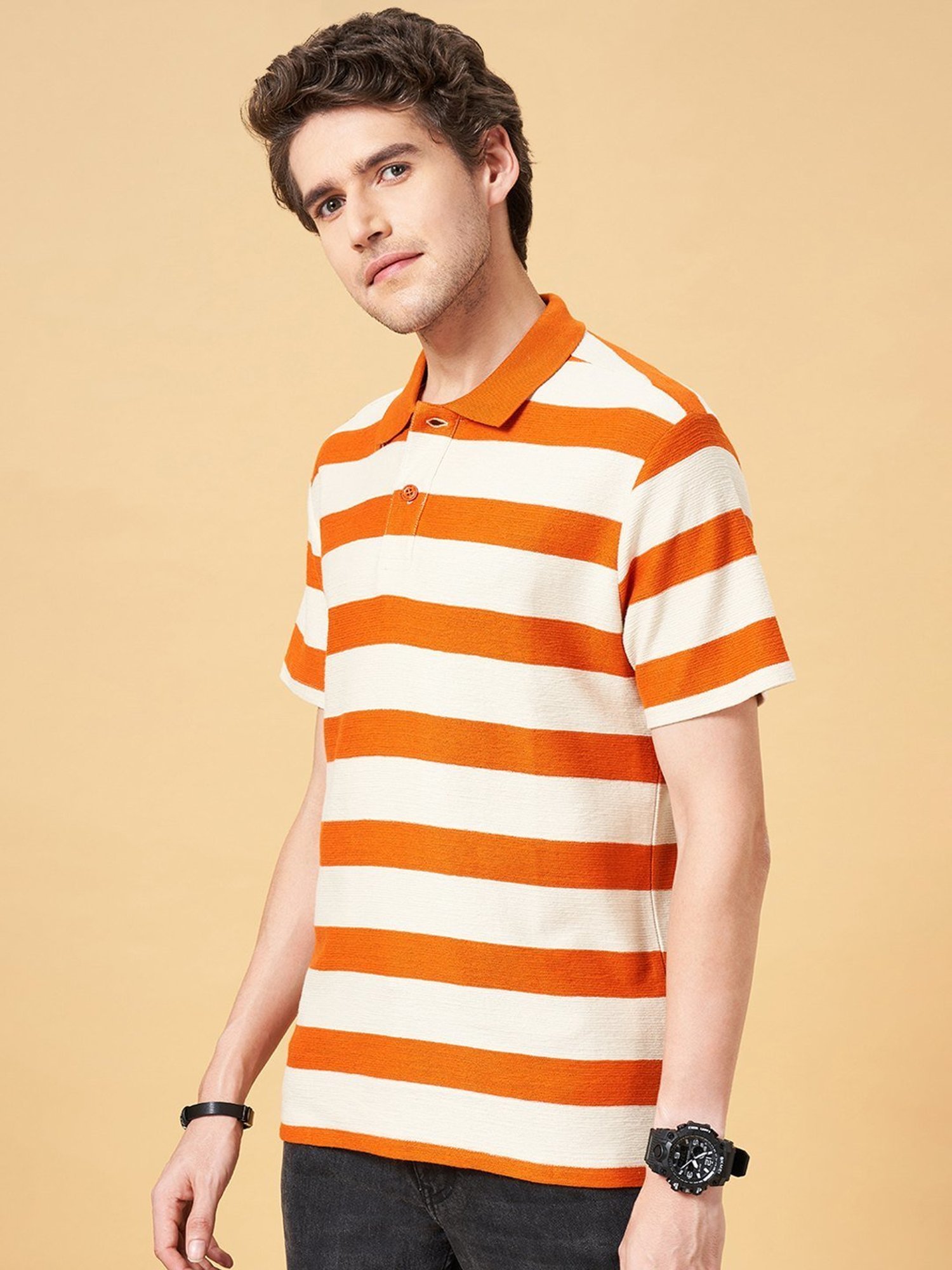 People by Pantaloons Golden Ochre Cotton Regular Fit Striped Polo T-Shirt