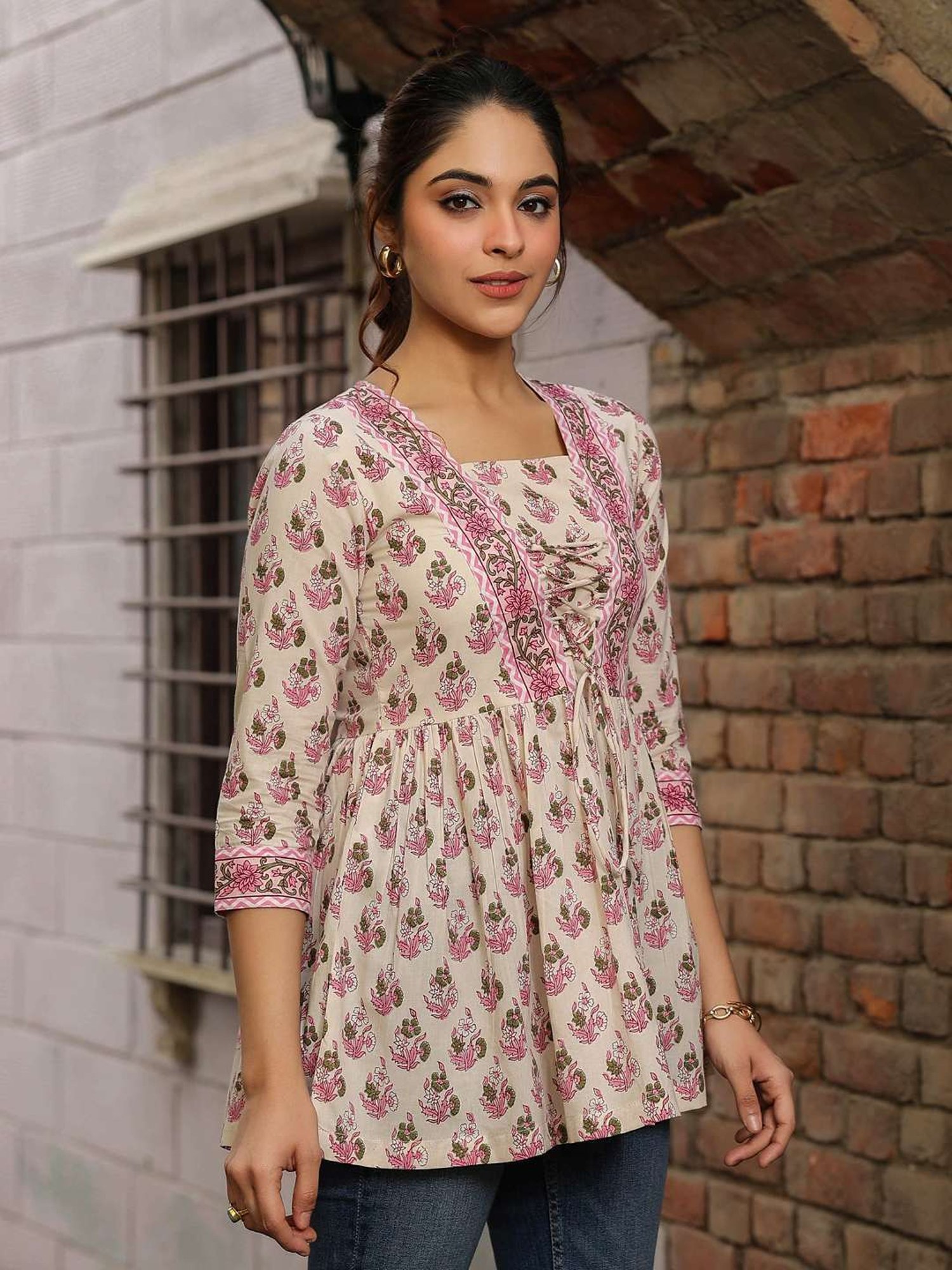 Rain and Rainbow Cream & Pink Cotton Floral Print Top