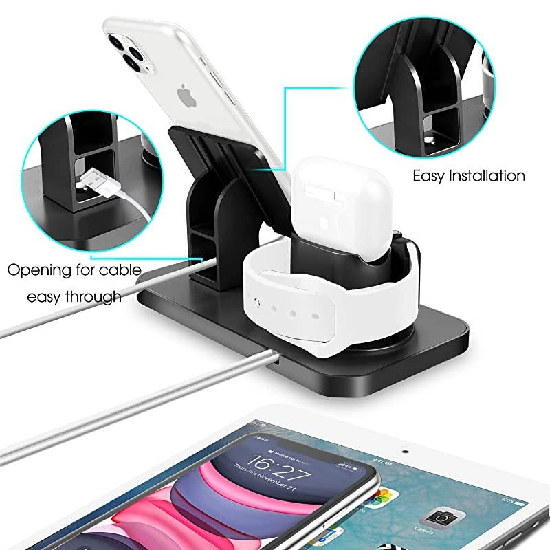 3 in 1 Charging Stand for Apple Watch Series 5/4/3/2/1, Airpods 2/1, Compatible with iPhone 12 Pro 2020 11 SE2 XS MAX XR XS 8 7 6 6s Plus 5s, iPad Tablet Stand(Original Cables Required),Black