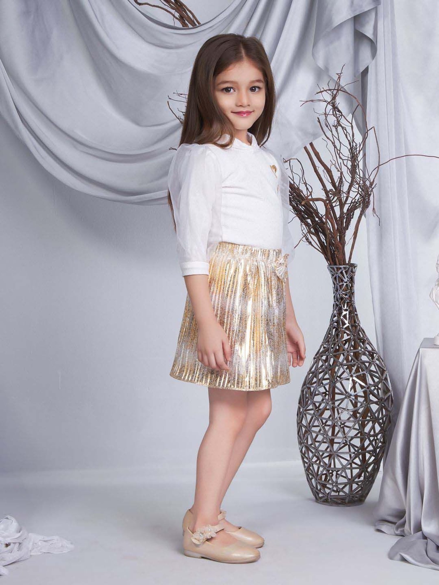 Peppermint Girls Gold & White Embellished Skirt Set