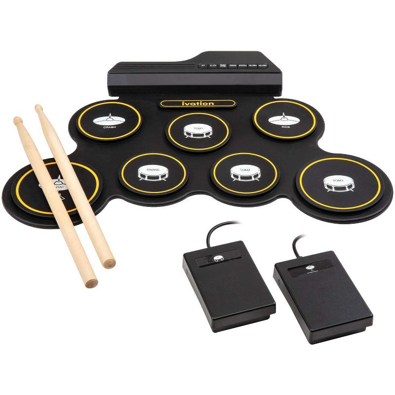 Ivation Portable Electronic Drum Pad - Digital Roll-Up Touch Sensitive Drum Practice Kit - 7 Labeled Pads 2 Foot Pedals Kids Children Beginners (No Speakers/AAA Battery Operated)