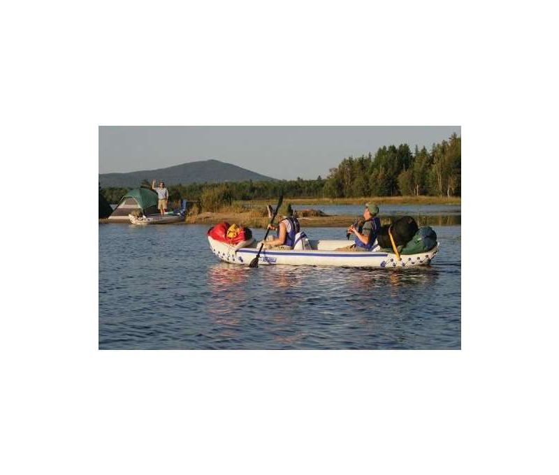 Sea Eagle 370 Deluxe 3 Person Inflatable Portable Sport Kayak Canoe with Paddles, 2 Moveable Seats, Foot Pump, and Carry Bag