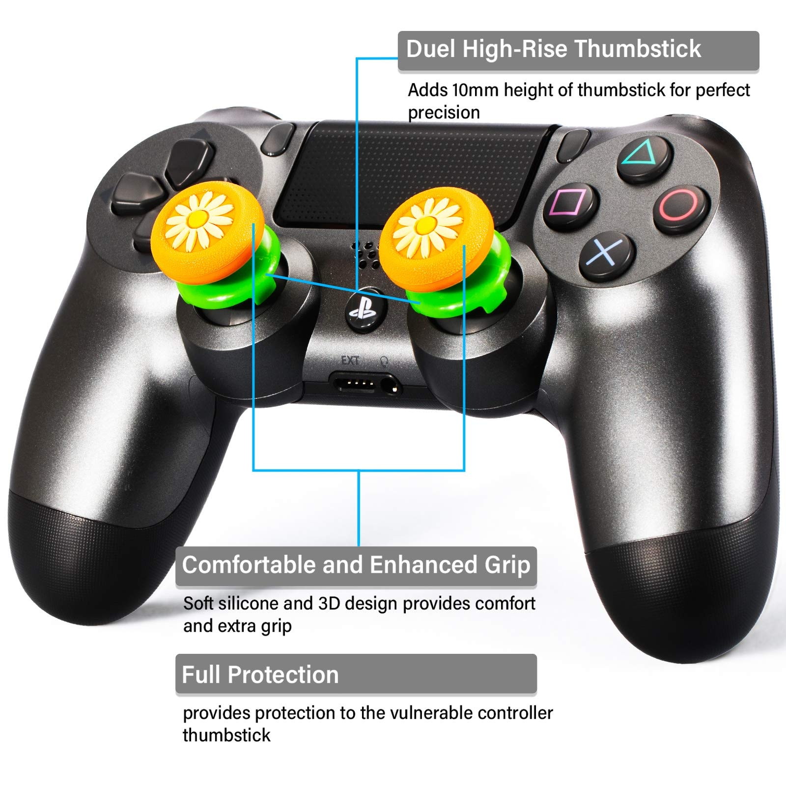 FPS Thumbstick Extender & 3D Texture Rubber Silicone Grip Cover 2 Sets for PS5 Dualsenese & PS4 Controller (Daisy Orange)