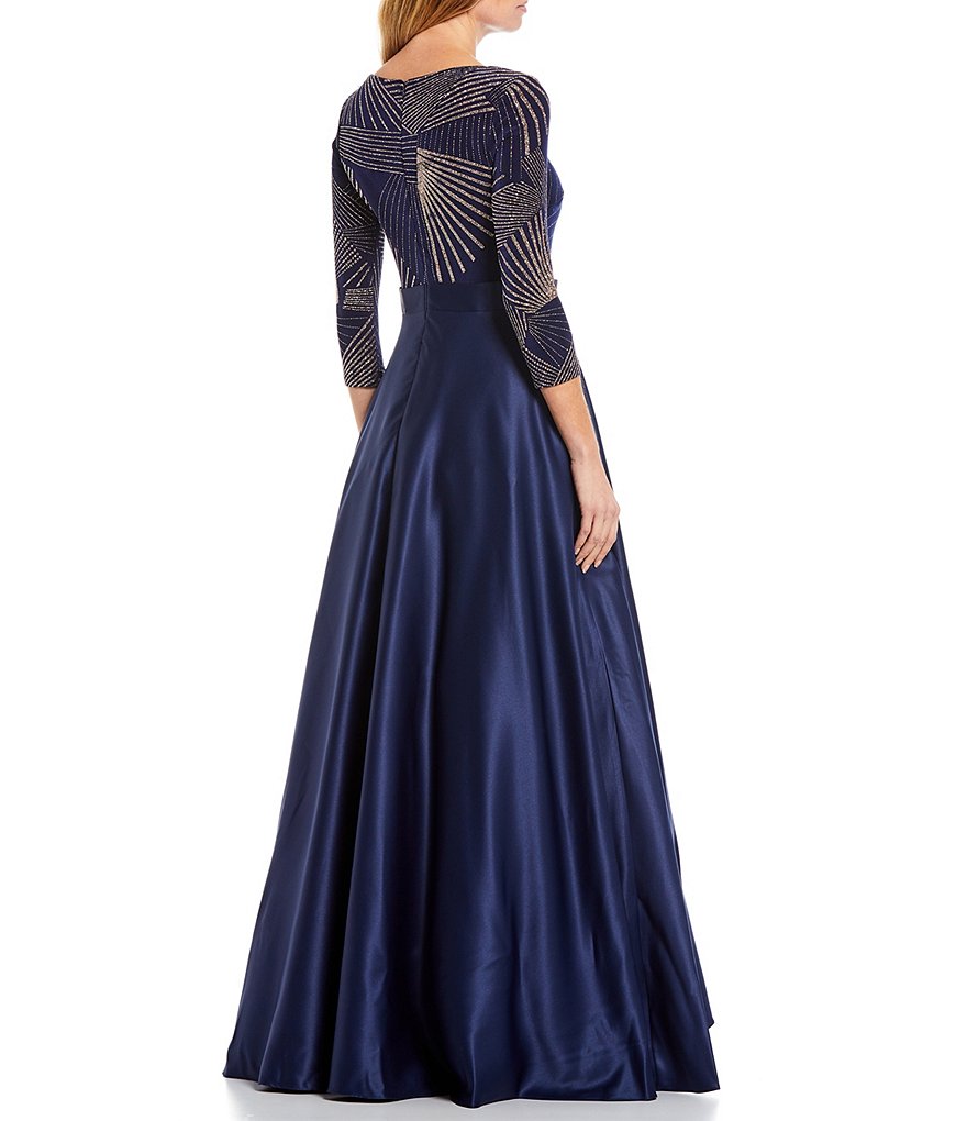 Jkara Chiffon Popover Beaded V-Neck 3/4 Capelet Sleeve Gown